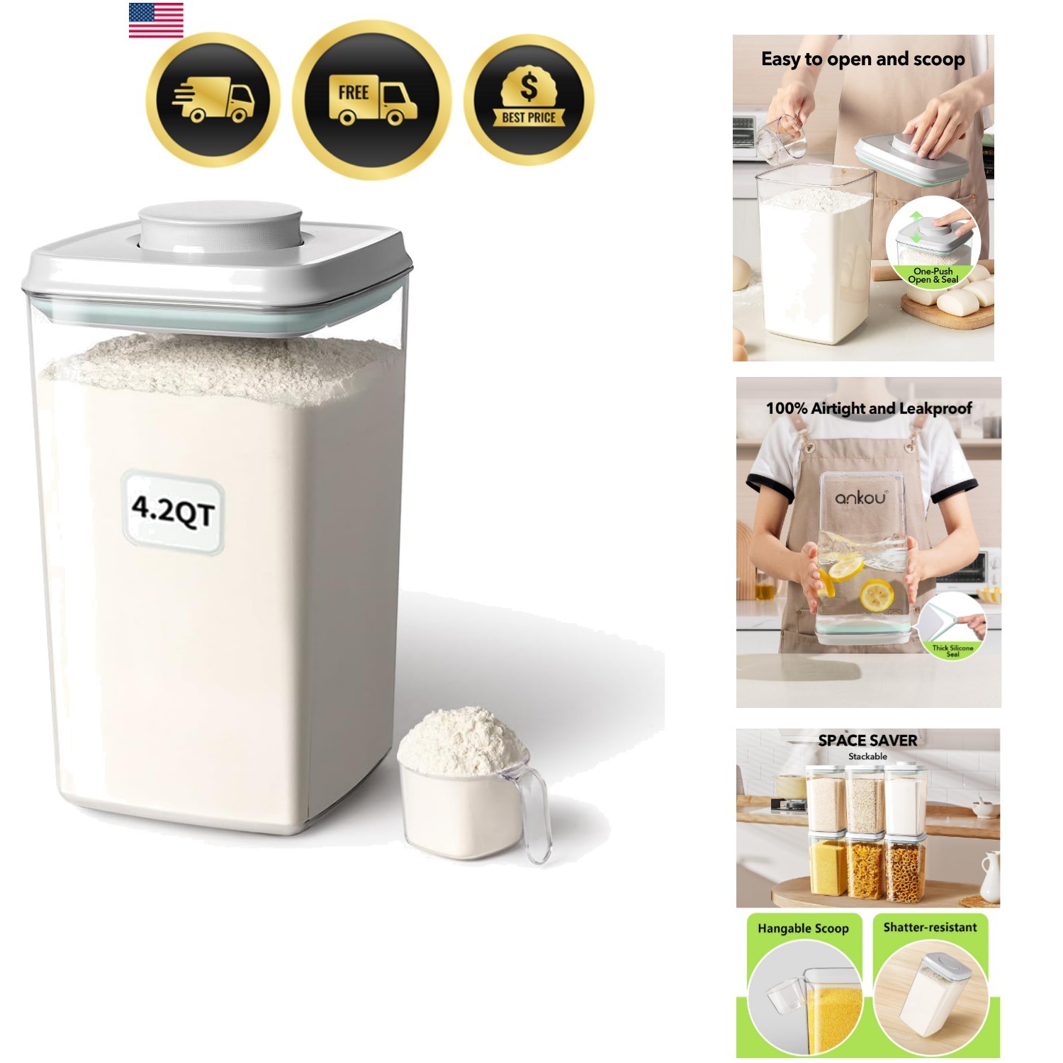 Airtight Pop Food Storage Container with Lid & 130ml Scoop, 4L/4.2qt BPA-Free…