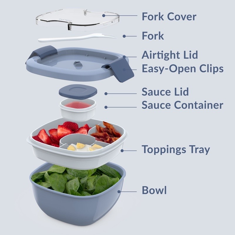All-in-One Salad Container W/ Compartment Tray & Reusable Fork On-the-Go New