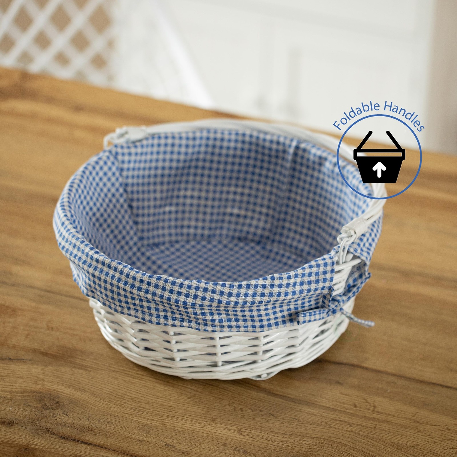 Traditional White Round Willow Gift Basket with Blue and White Gingham Liner …