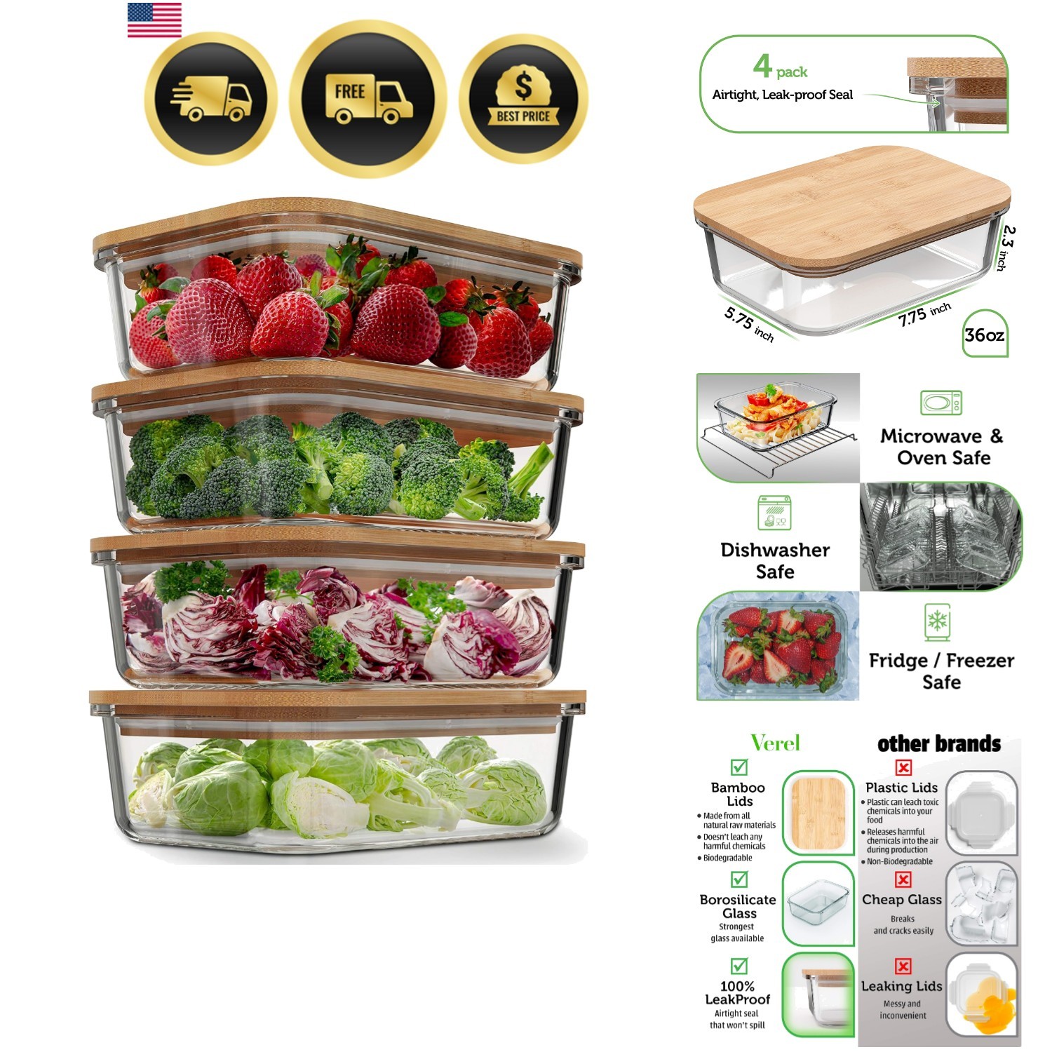 Glass Food Storage Containers with Bamboo Lids 4 Pack Airtight Eco Friendly