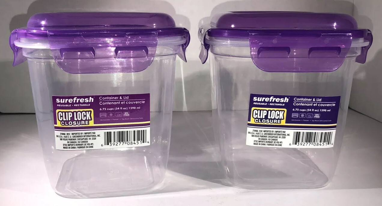 2ea 6.75Cup Sure Fresh Dry/Cold/Freezer Food Storage Containers W Clip-Lock Lids