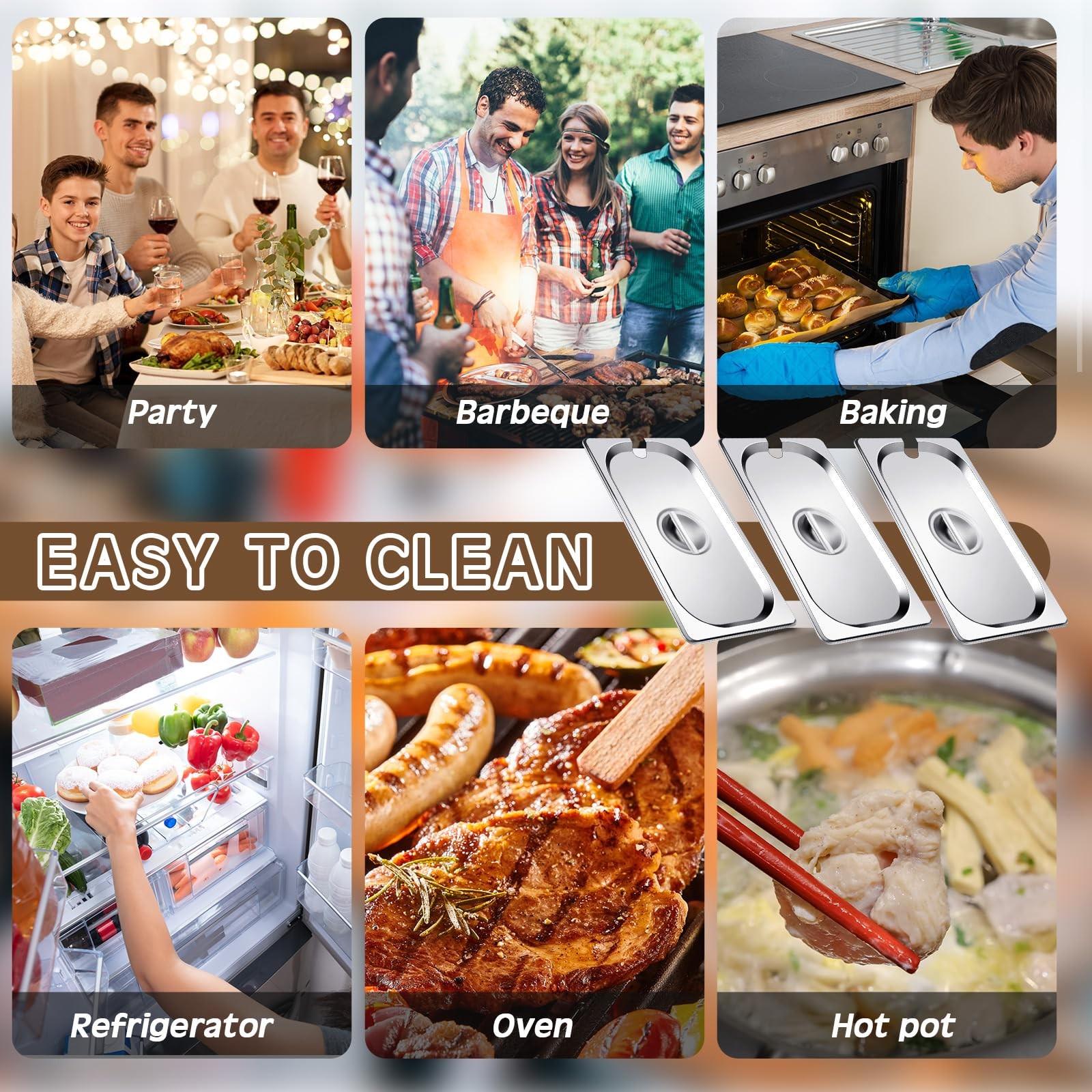 6 Pack 1/3 Steam Table Pan Covers Stainless Steel Hotel Pan Lid with Handle C…