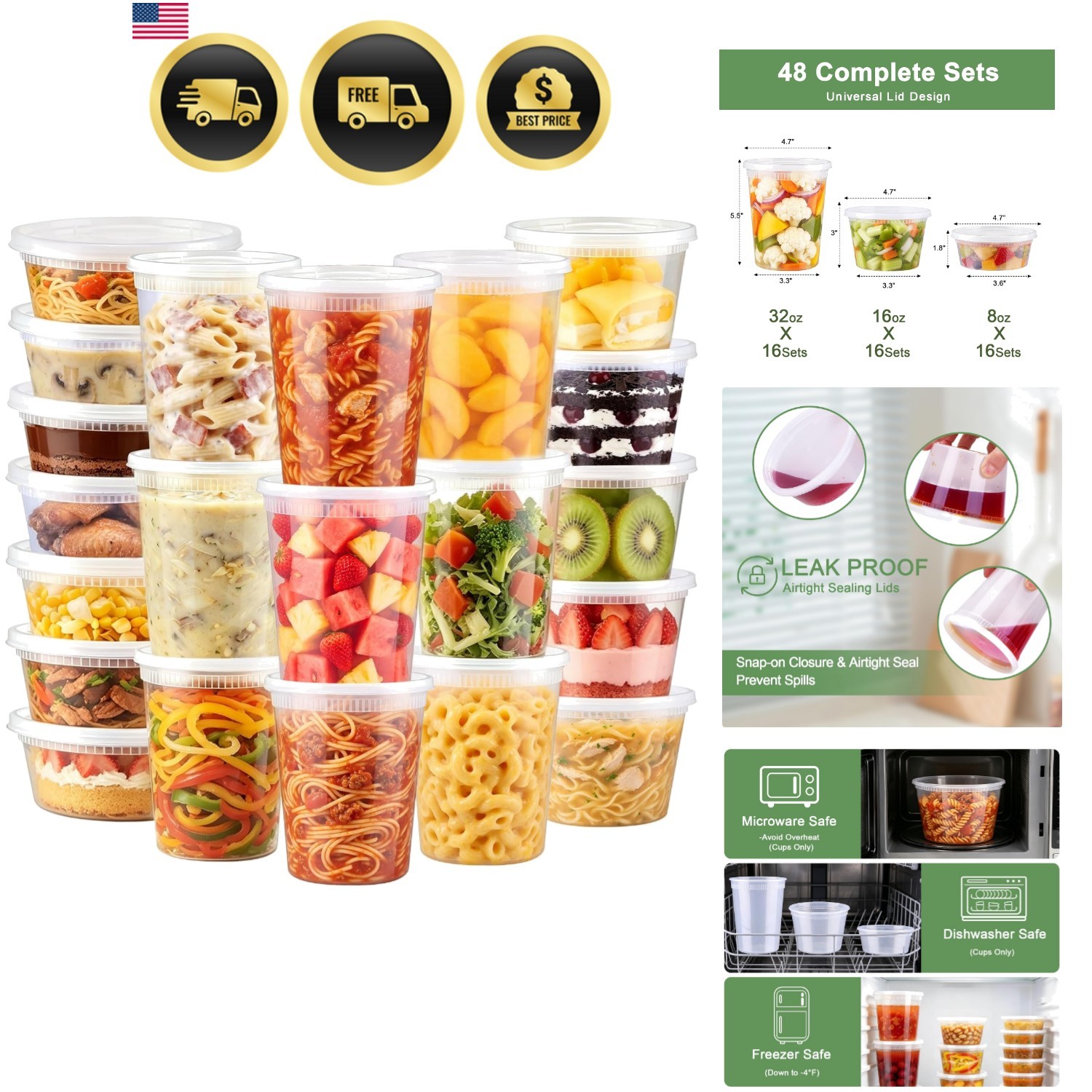 Deli Containers with Lids 48 Sets, 32/16/8 oz X 16 Set Each, BPA Free & Airti…