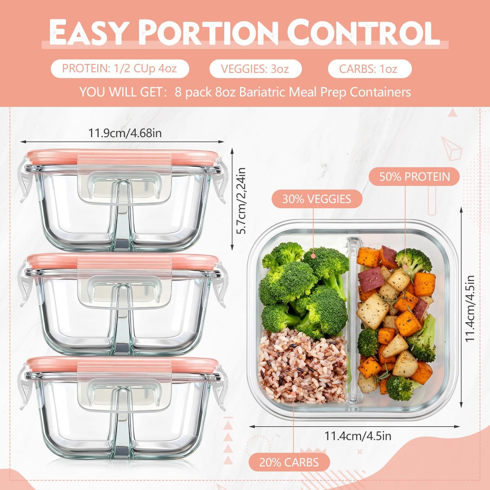 Yiyiring 8 Pack 8 oz Bariatric Meal Prep Containers, Glass Bowl Bariatric Por…