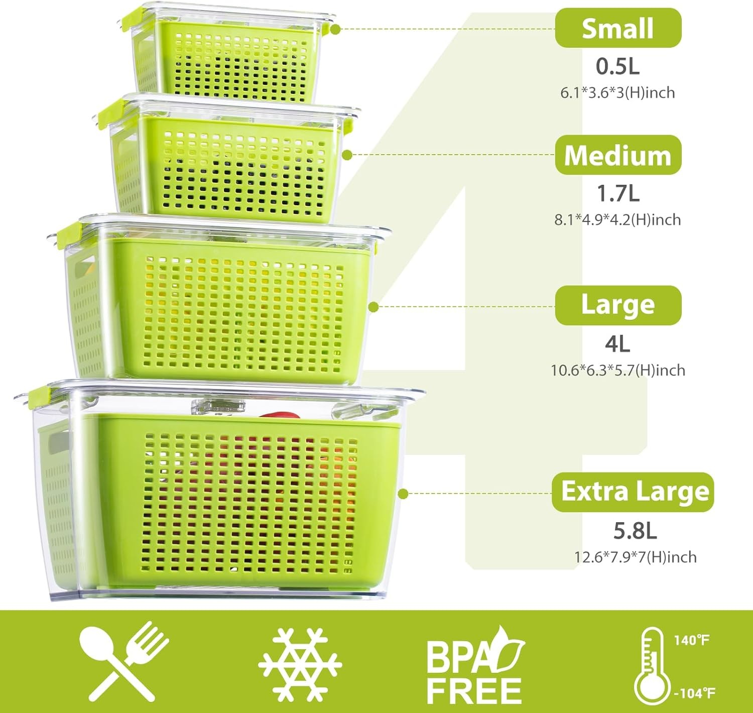 Fruit and vegetable storage box,set of 4 refrigerator storage containers