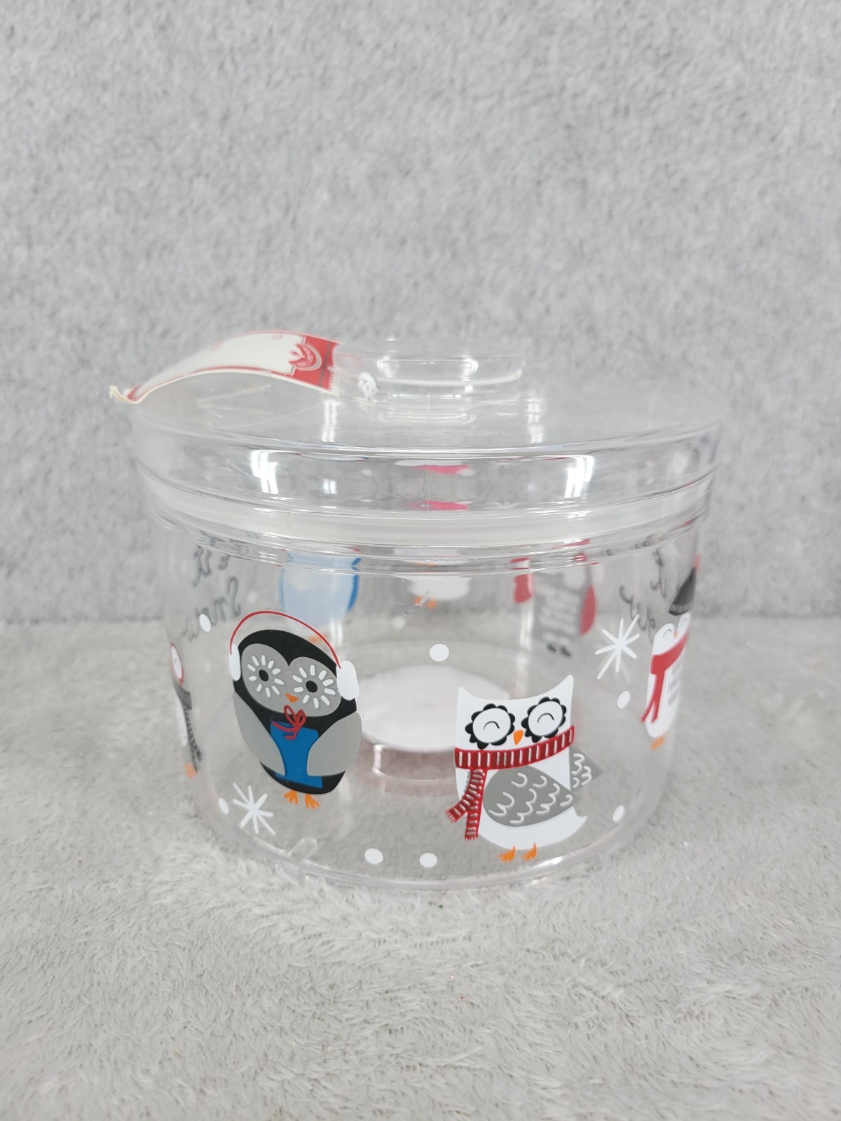 Holiday Time Treat Container Christmas Owls Penguins Snowflakes Cookie Jar 5″