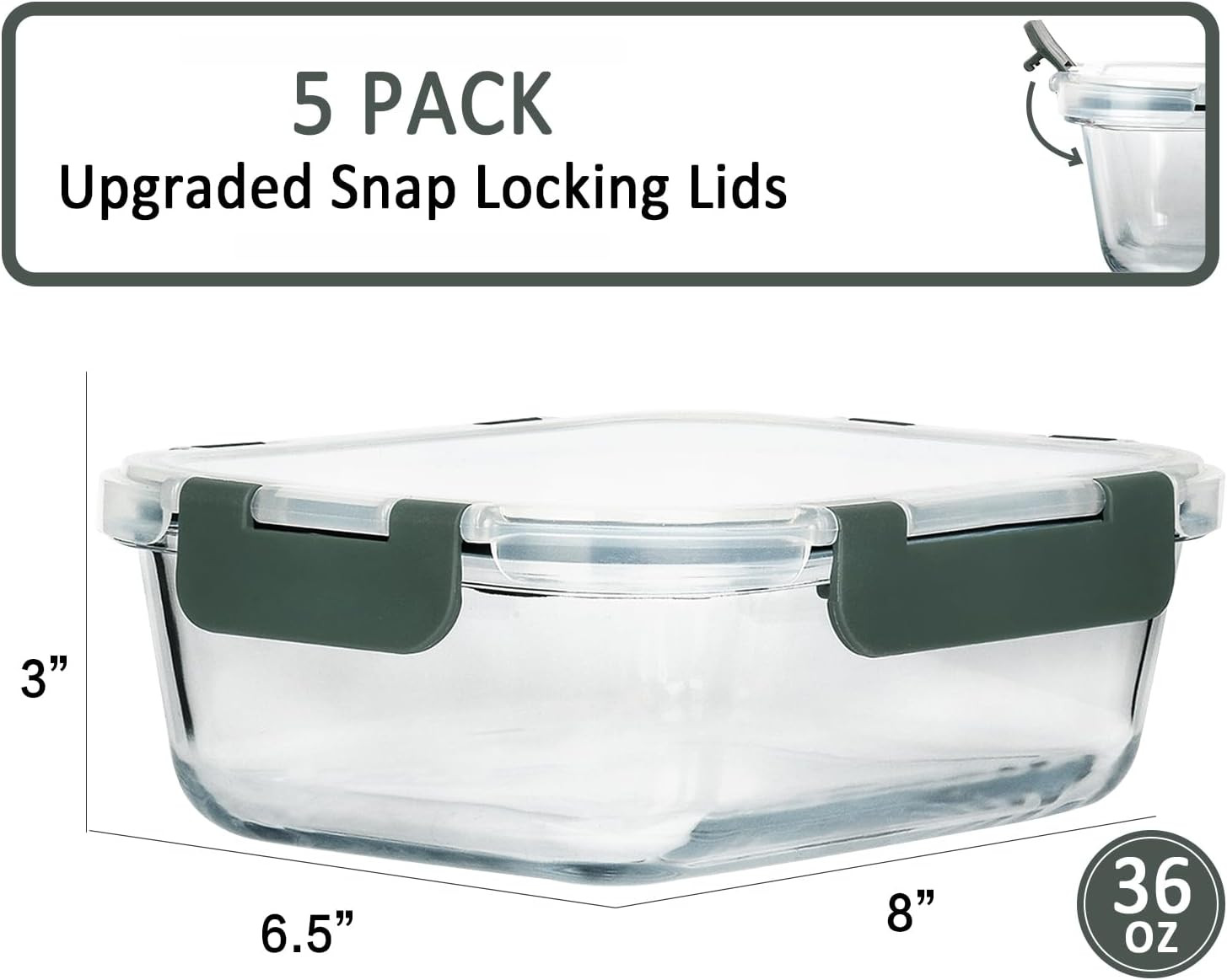 [5-Packs, 36 Oz Glass Meal Prep Containers with Snap Locking Lids Glass Food Con