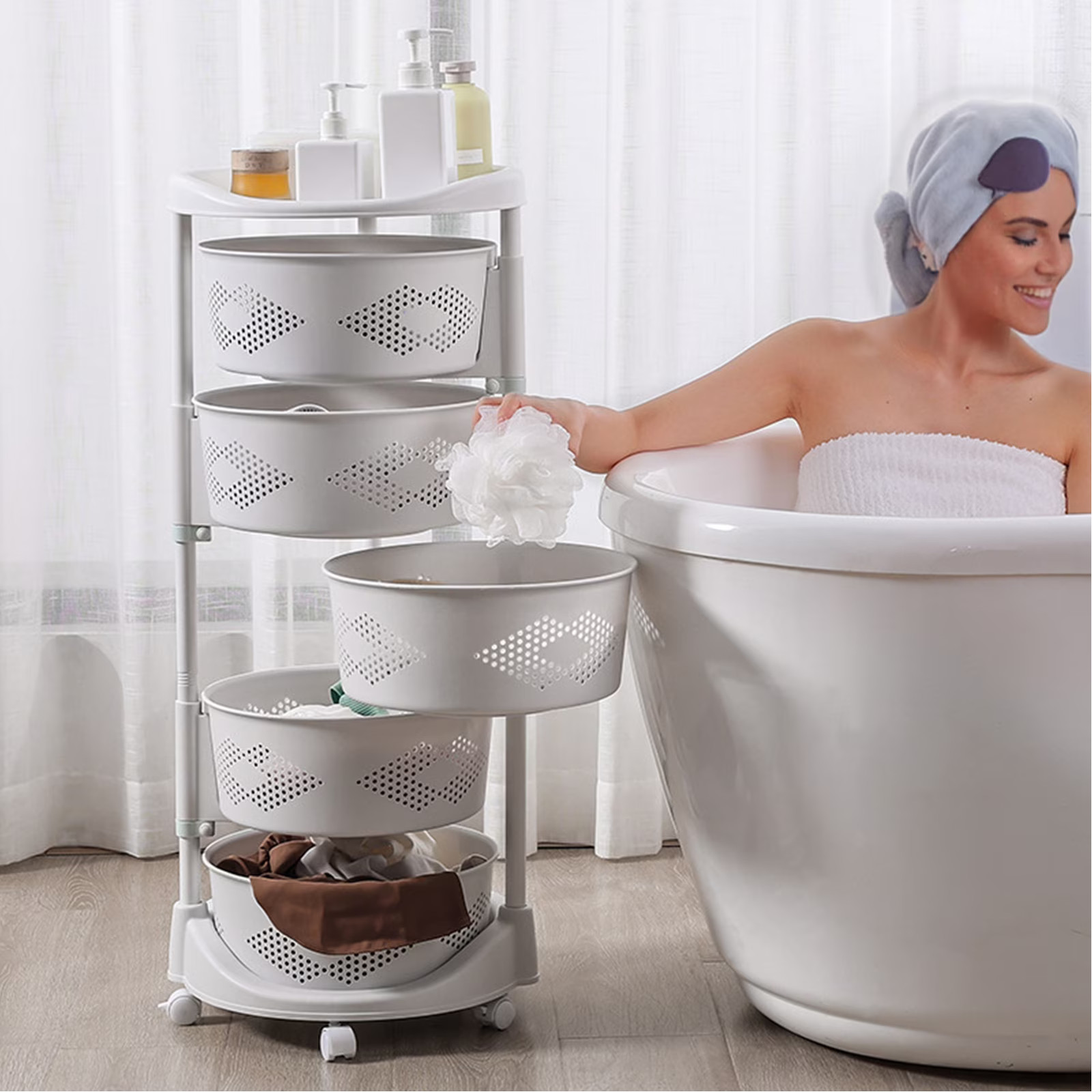 5-Tier Rotating Kitchen Storage Rack with Hollow Mesh Baskets