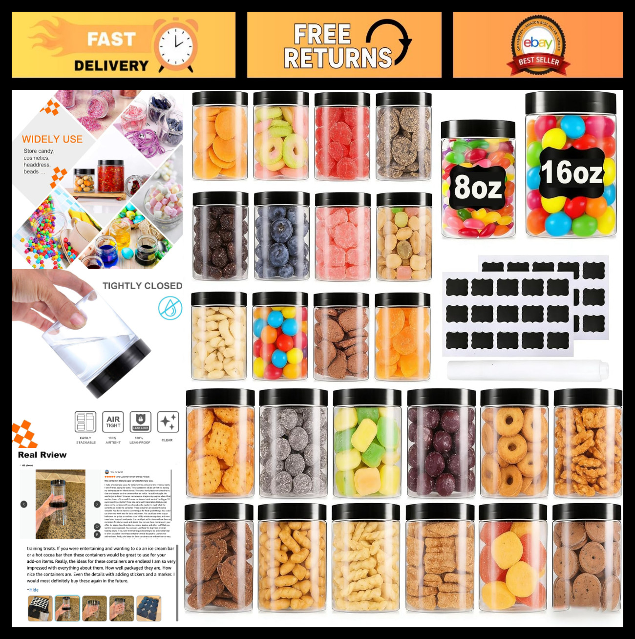 24 Pack Clear Plastic Jars Combo – 12 Large 16oz & 12 Small 8oz Leak-Proof Conta