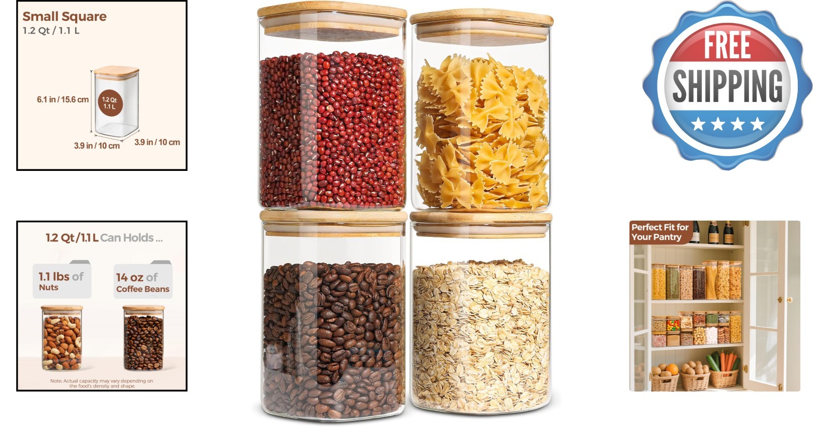 Versatile 1.2 Qt Glass Jars with Bamboo Lids – Perfect for Kitchen Organization