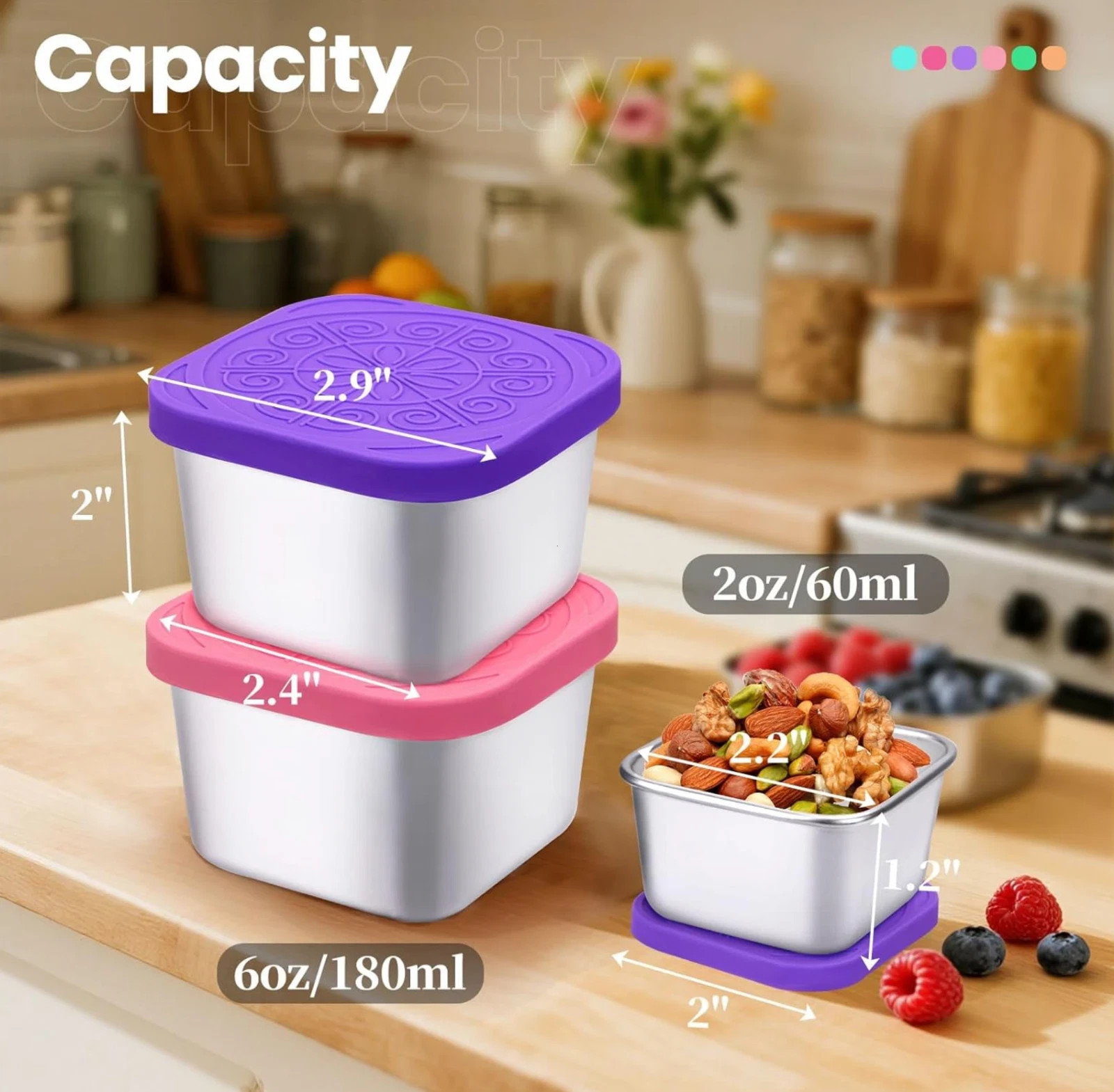 6Pack 6oz Stainless Steel Snack Containers for Kids Easy Open Silicone Lids