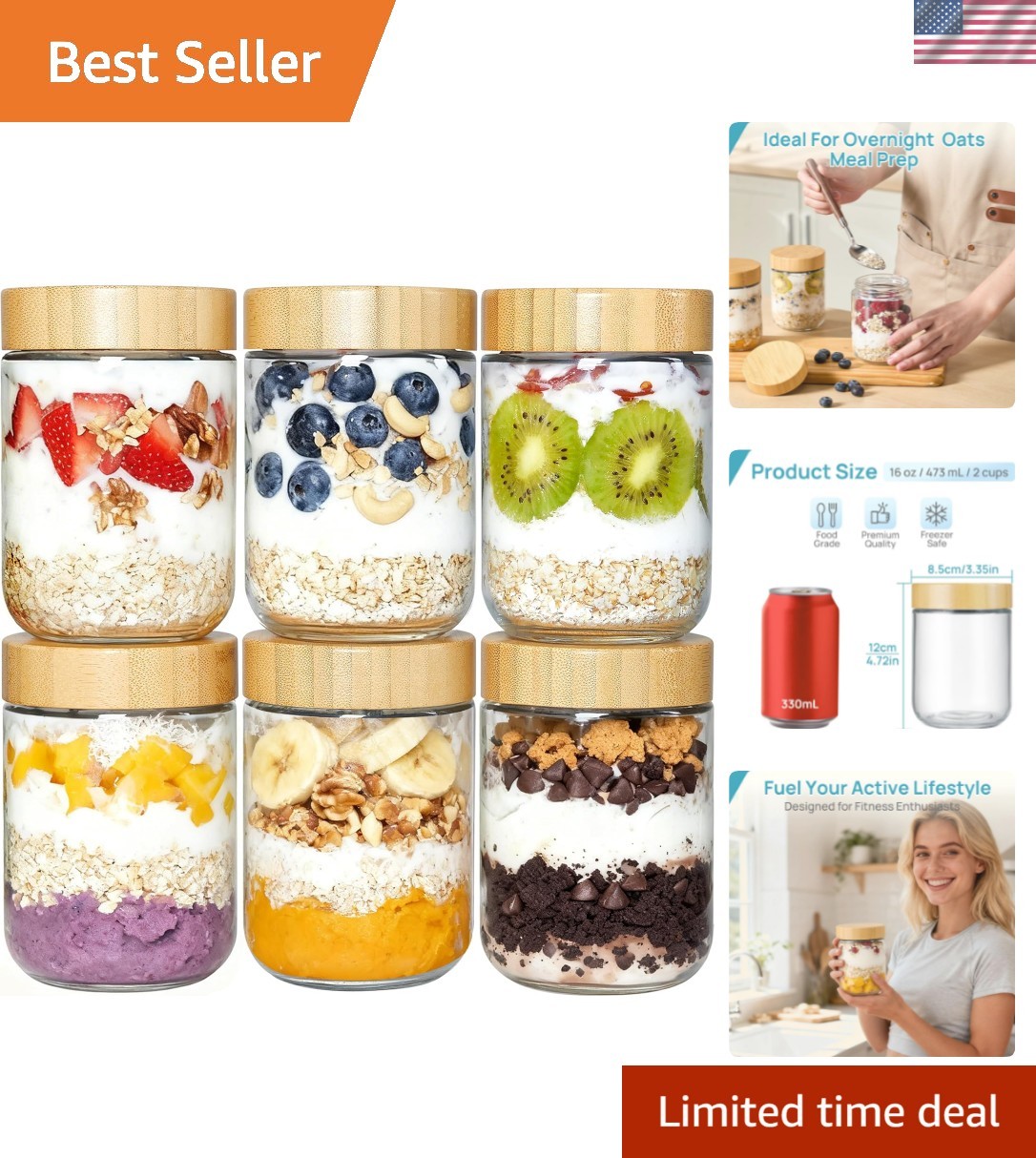 6 Pack 16oz Glass Overnight Oats Containers with Bamboo Lids, Portable Wide M…