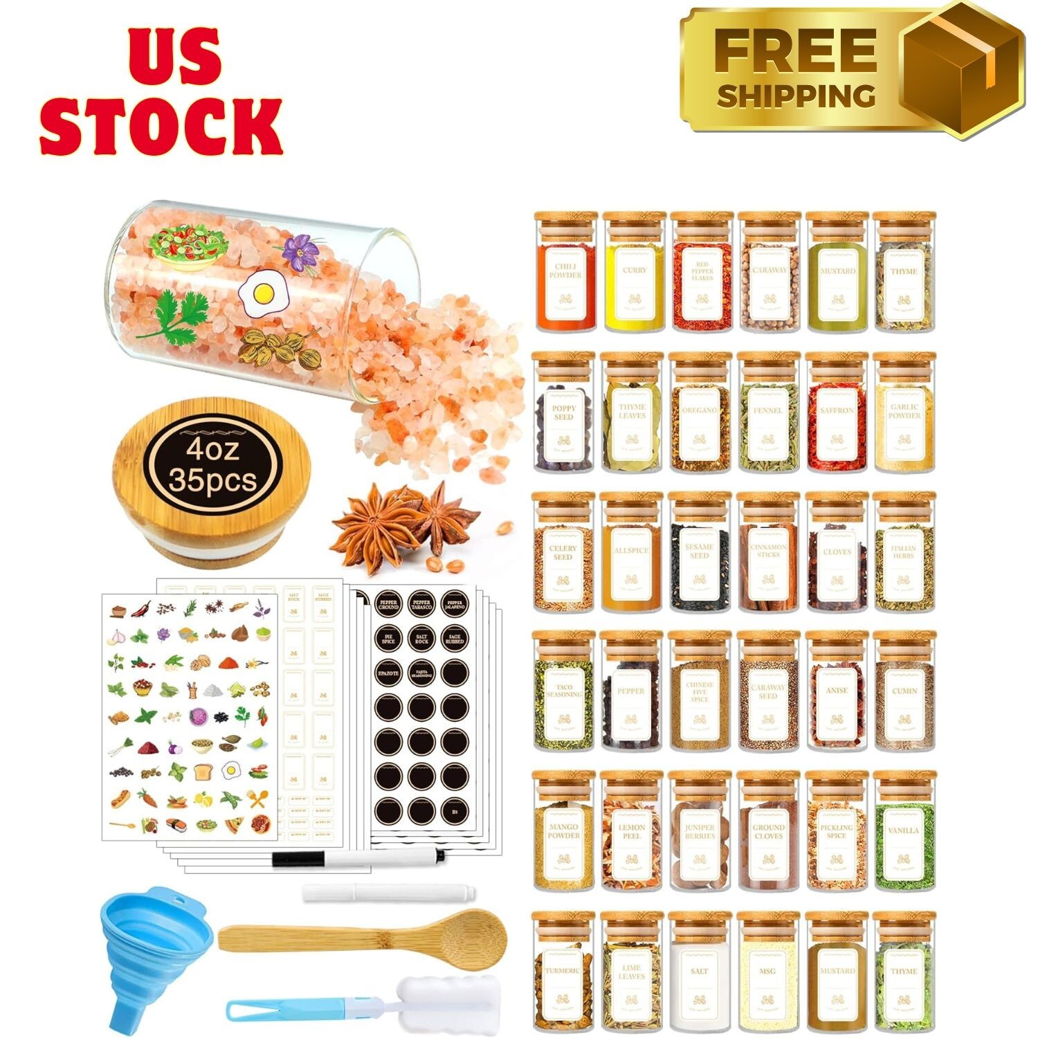 Spice Jars with Labels, 35 Pcs 4 oz Glass Spice Jars with Bamboo Lids