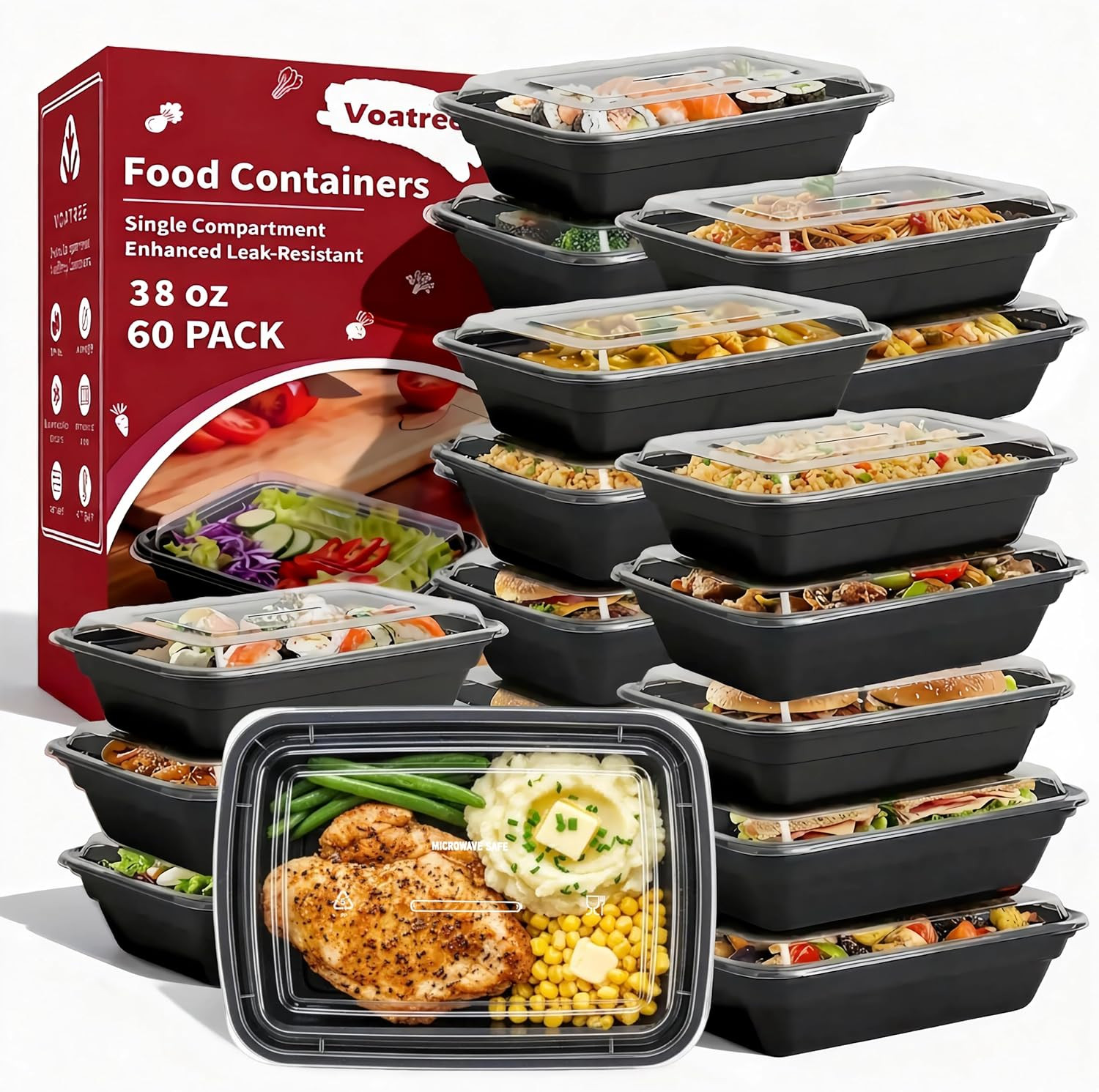 60 Pack 38 Oz Meal Prep Containers Reusable, Plastic Food Storage Container with