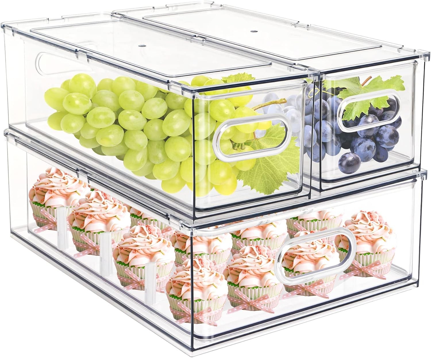 4 pack Stackable Refrigerator Organizer Bins Pull-Out Drawers Fruit & Veggies