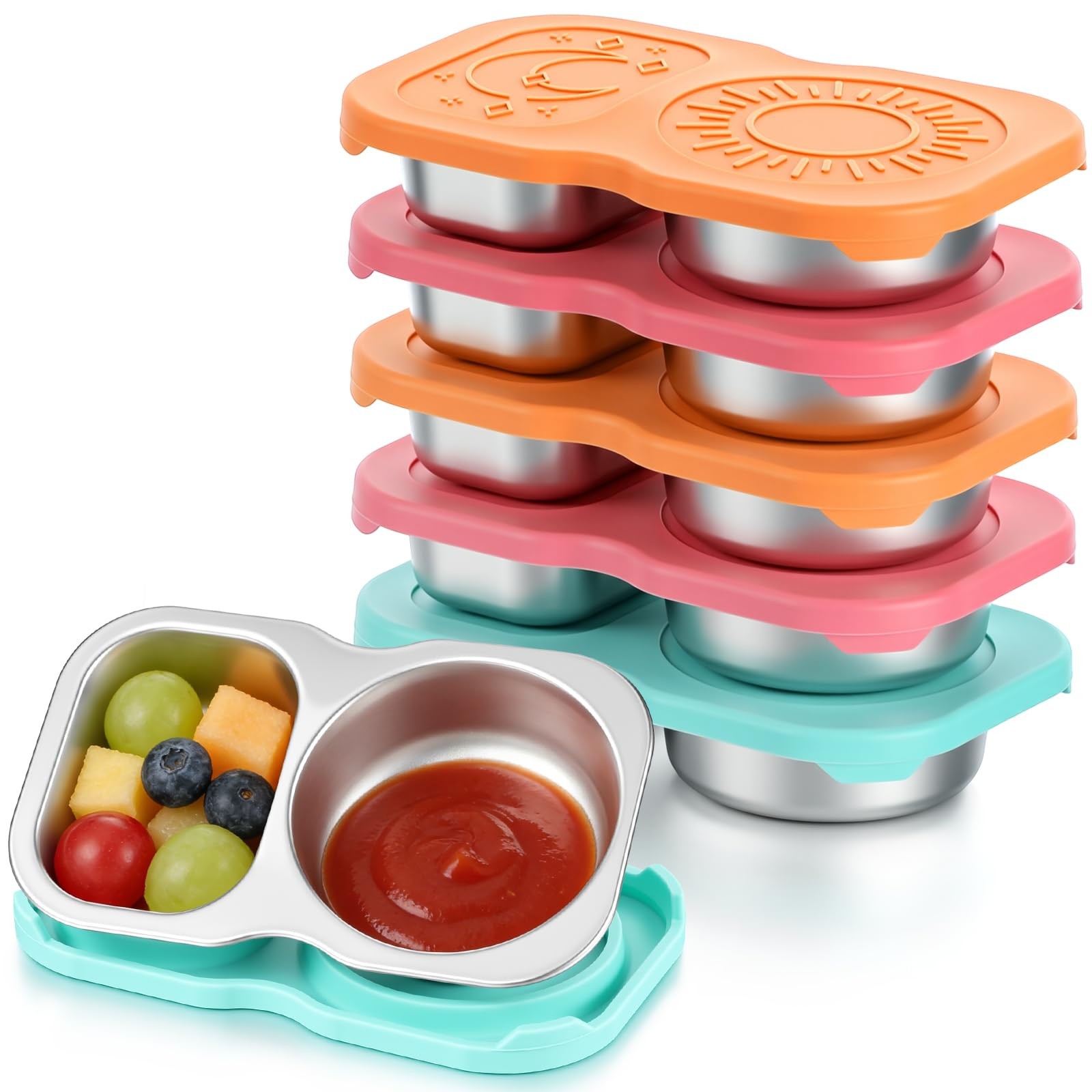 6 Pack Stainless Steel Snack Containers with Lid 5 oz 2 Compartment Condiment…