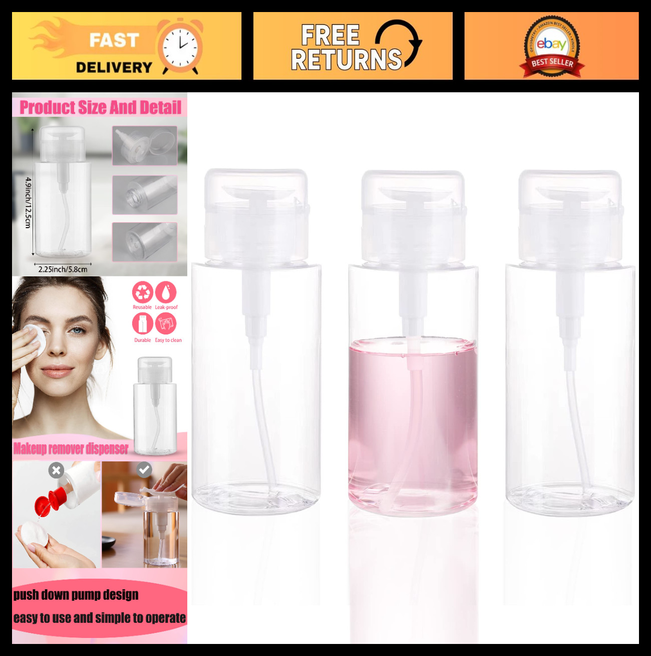3 Pack Push Down Pump Dispenser Bottles – 6.7oz Containers for Nail Polish, Make