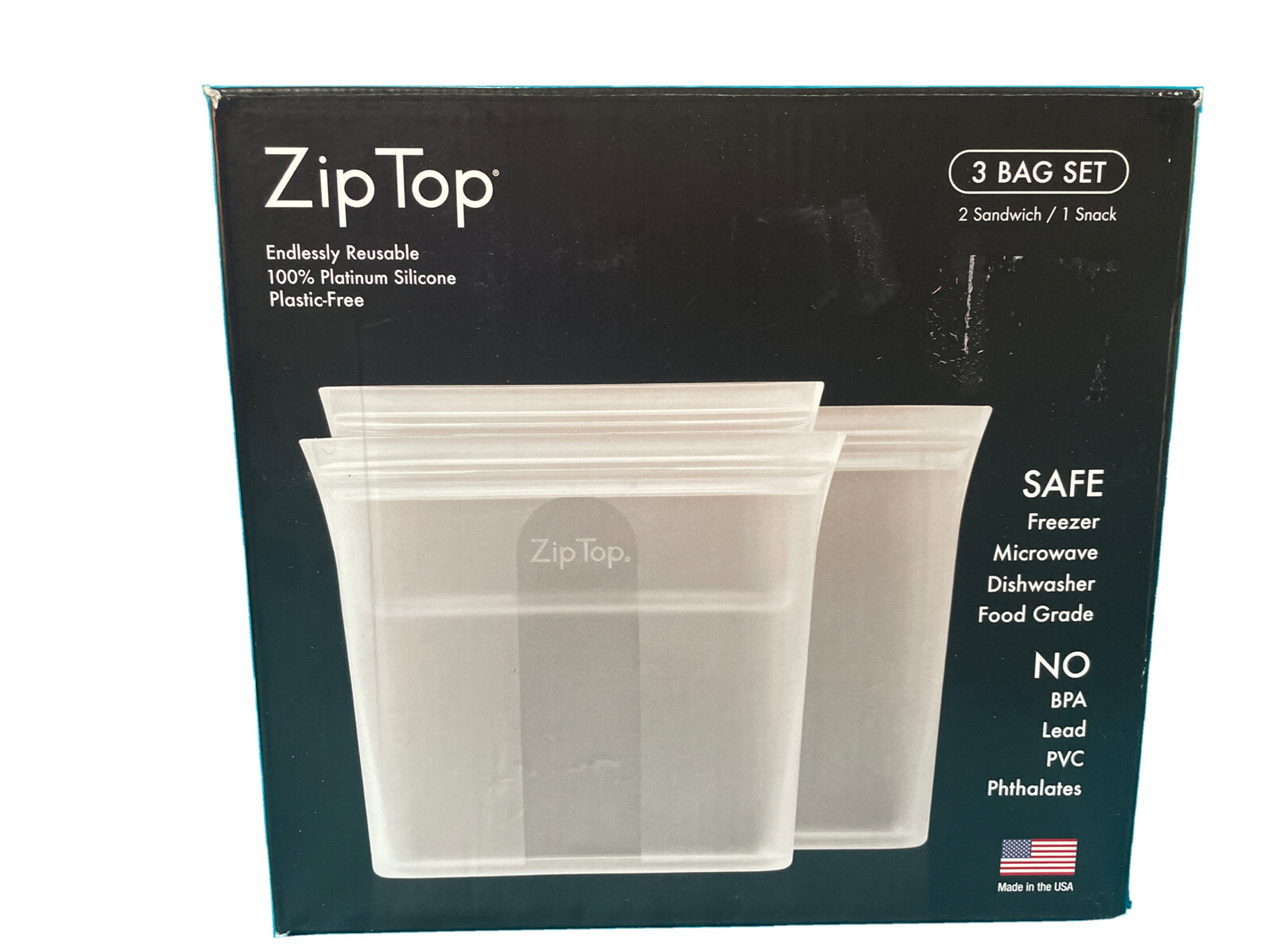 Zip Top Platinum Silicone 3 Bag Set 2 Sandwich 1 Snack No BPA Plastic Free
