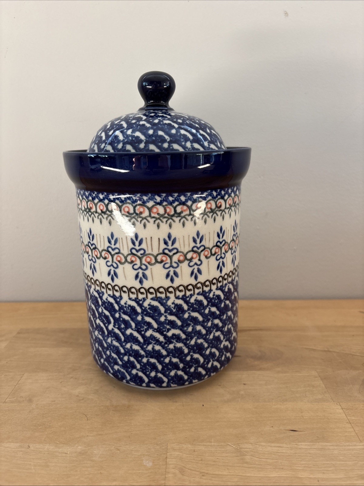 Polish Pottery Kitchen Storage 9” Canister w/ Lid BLUE CRESS Boleslawiec Vintage
