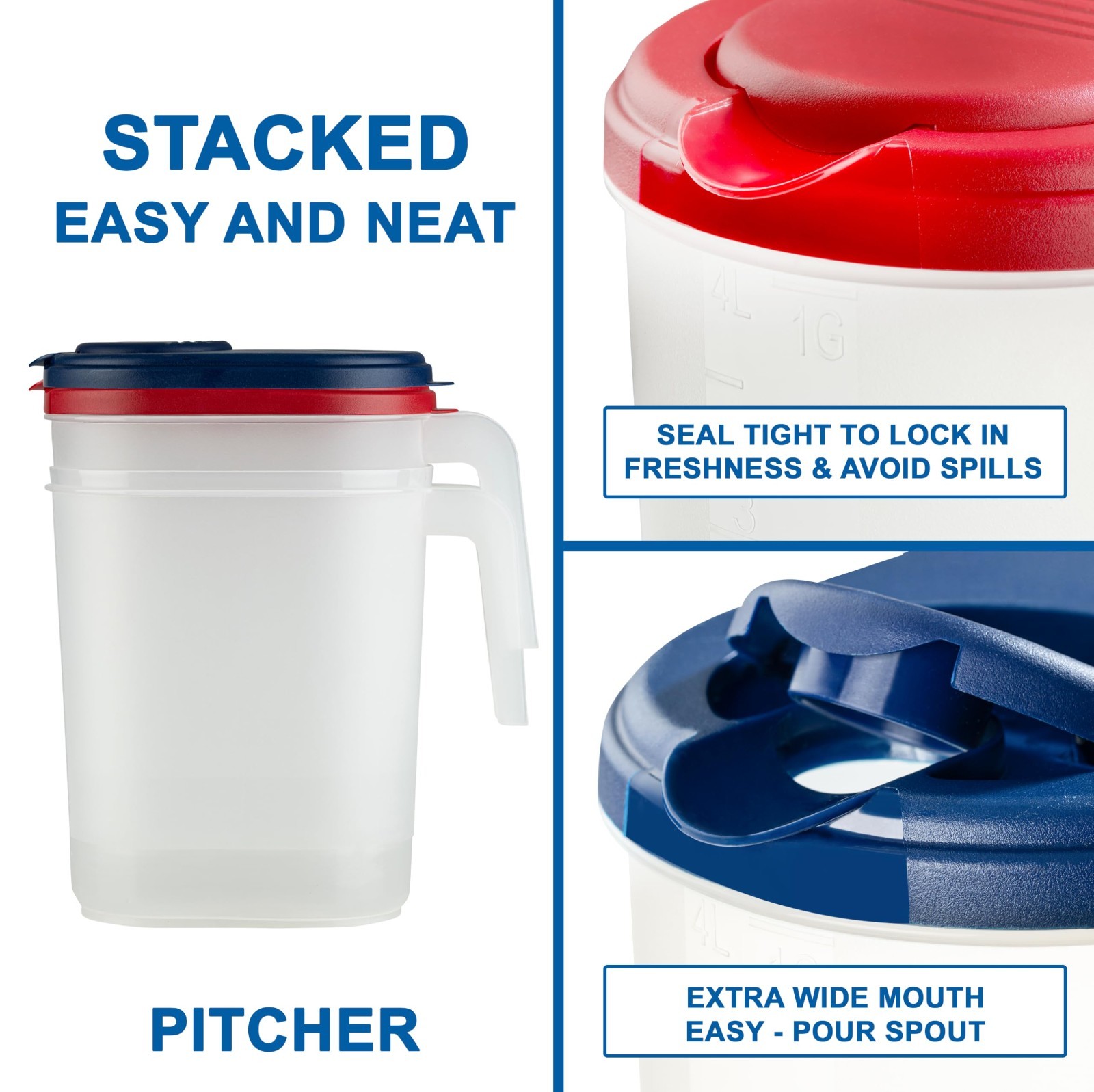 2-Pack 1 Gallon Slim Plastic Pitchers with Lids – Flip-Top Spout, BPA Free, Idea
