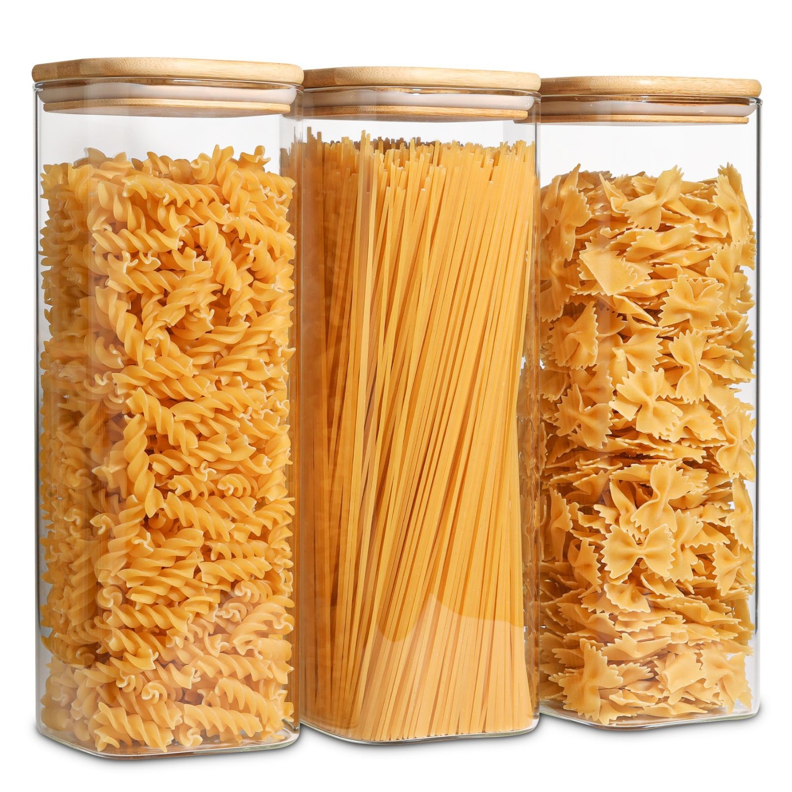 Airtight Glass Pasta Storage Containers Set of 3 – 2.2 Qt Tall Clear Jars for No
