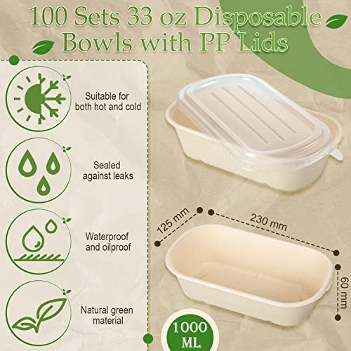 100 Sets 33 oz Disposable Bowls with Lids – Paper Meal Prep Containers for Parti
