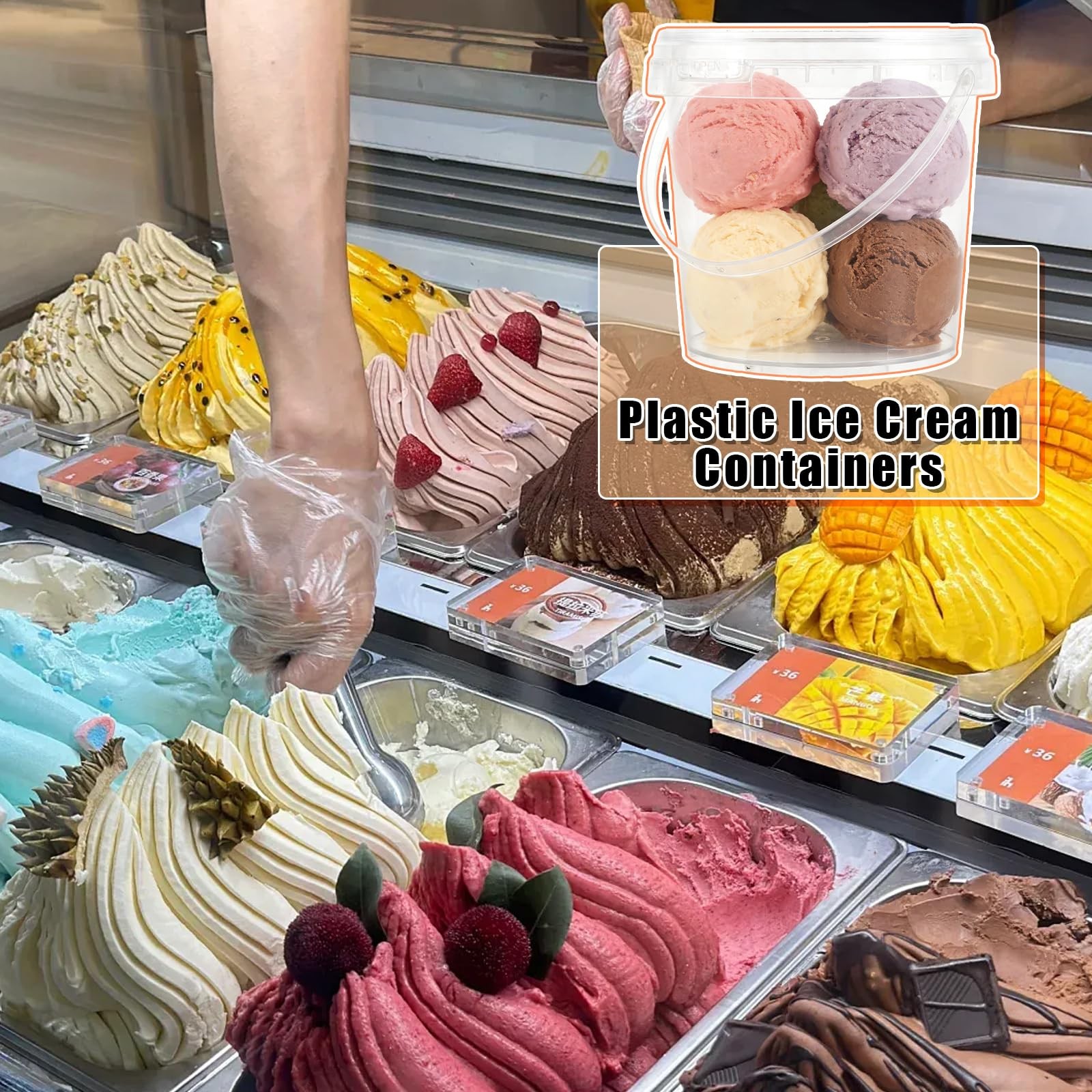 40PCS 24 Oz Plastic Ice Cream Containers 750ml Clear Buckets with Lids and Ha…