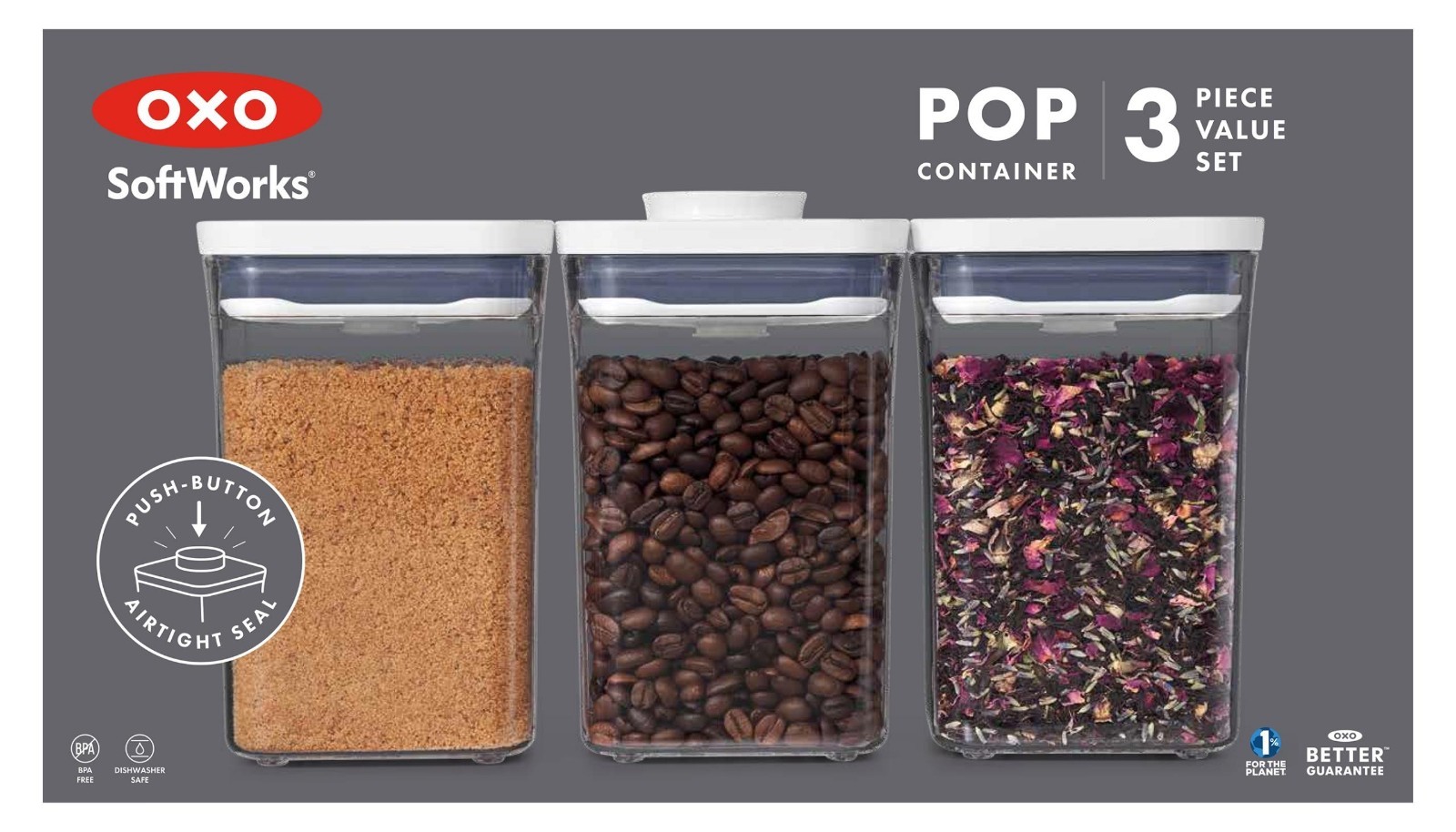 OXO POP Container 1.1-Qt Short Small Square Food Storage Container, 3-Pack, Whit
