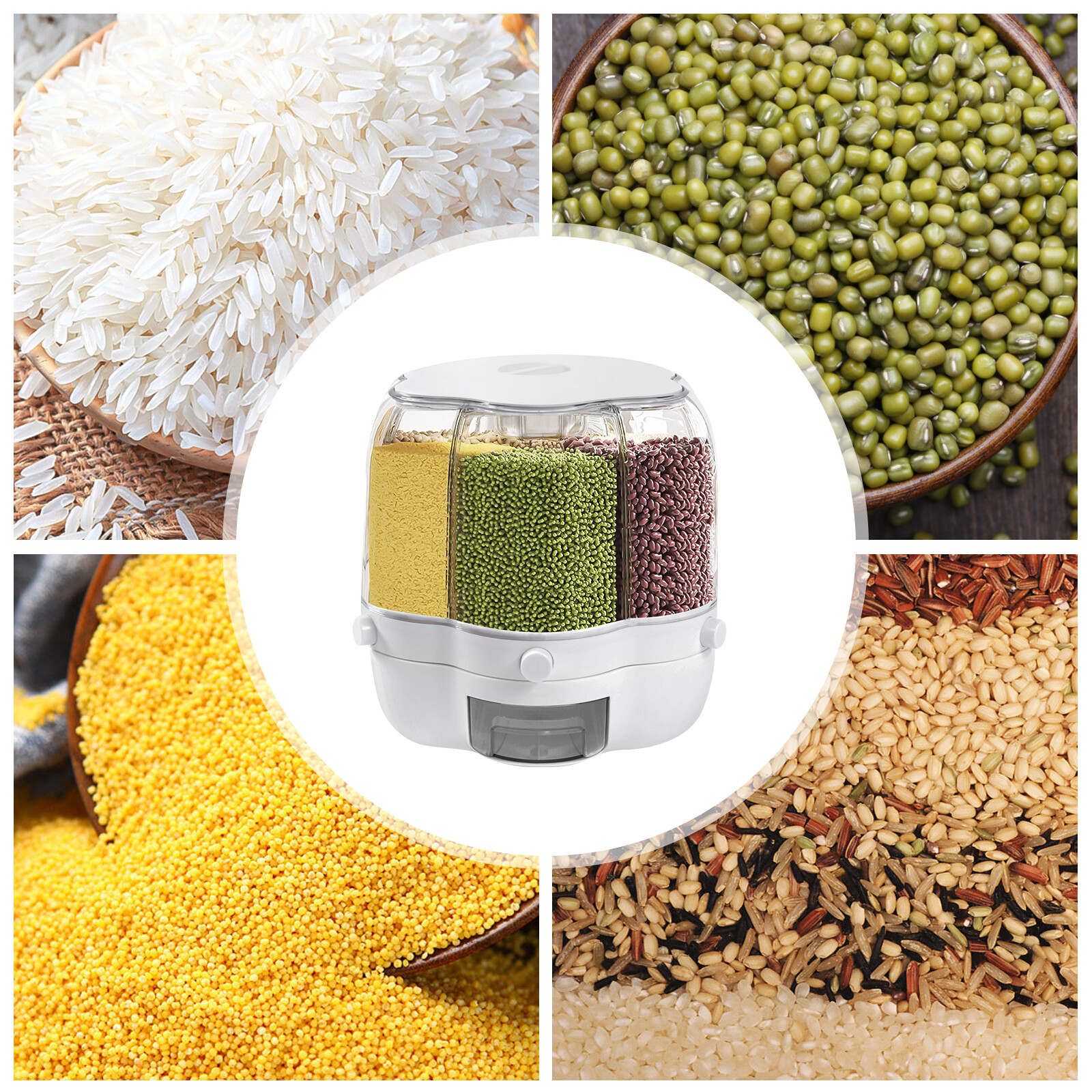 Rotating Food Dispenser Rice Grains Container 6-Grid Flour Storage Bucket w/lid