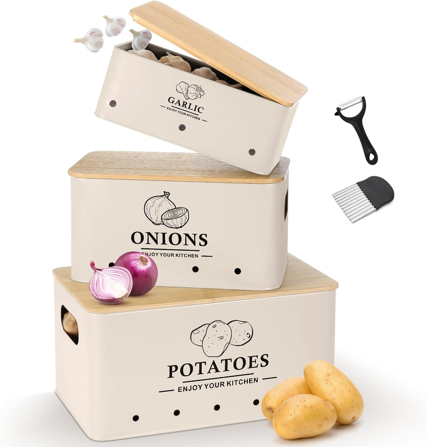 Kitchen Vegetable Storage Set of 3, Metal Onion Garlic Potato Storage Set, Kitch