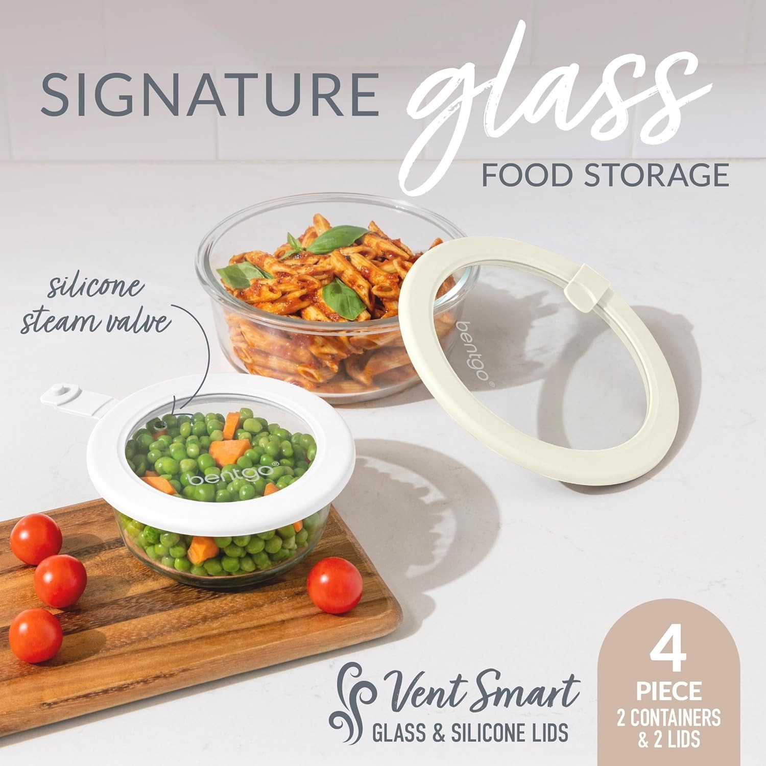 4Pc Leak Proof Glass Food Storage Containers Airtight Lids White Stone