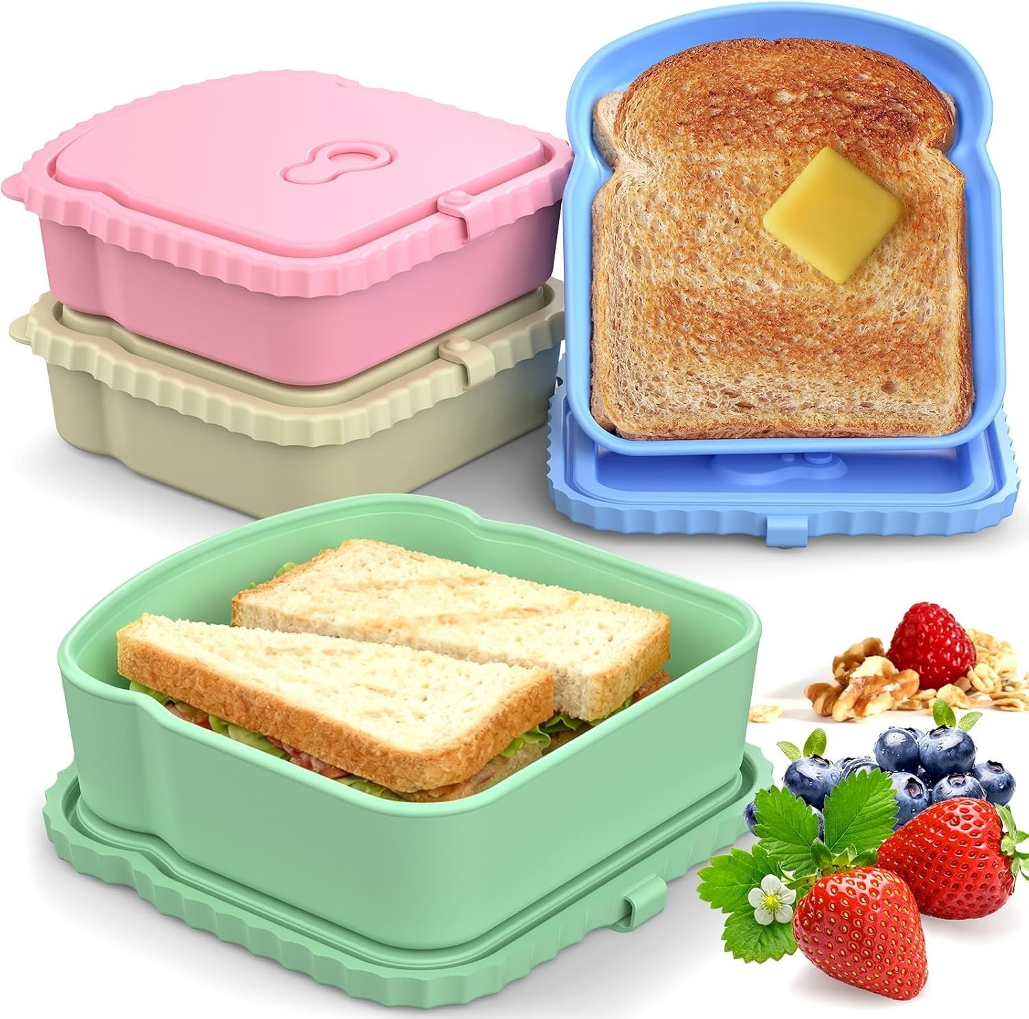 4 Pack Reusable Silicone Sandwich Containers Leak-Proof Lunch Boxes Pink Blue…