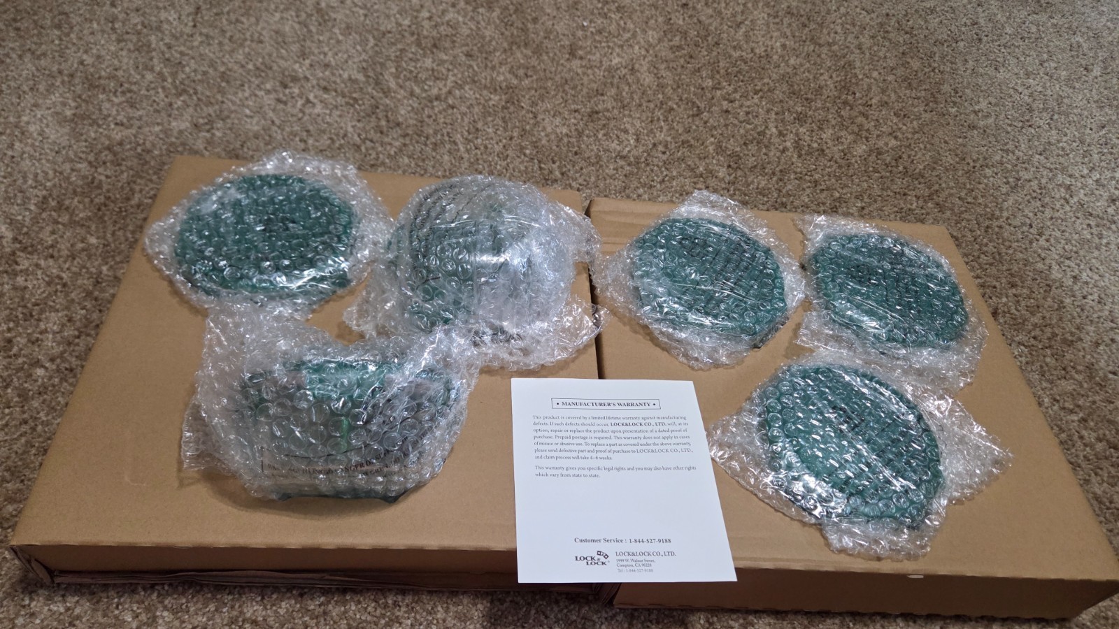 Set Of 6 Lock&Lock Clear Round Glass Food Storage Bowls With Green Lids, NEW