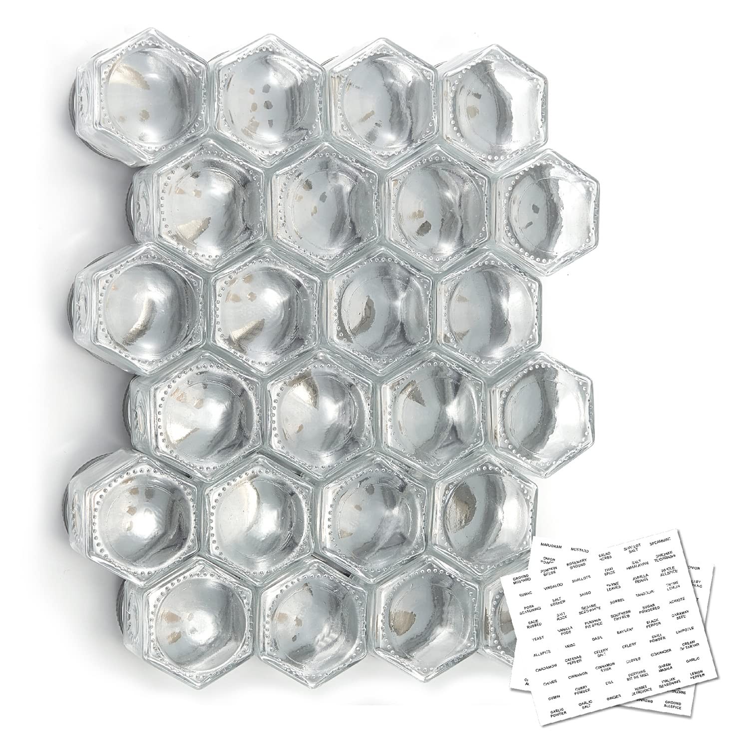 Set of 24 Hexagon Glass Spice Jars with Shaker Lids and Labels for Refrigerat…