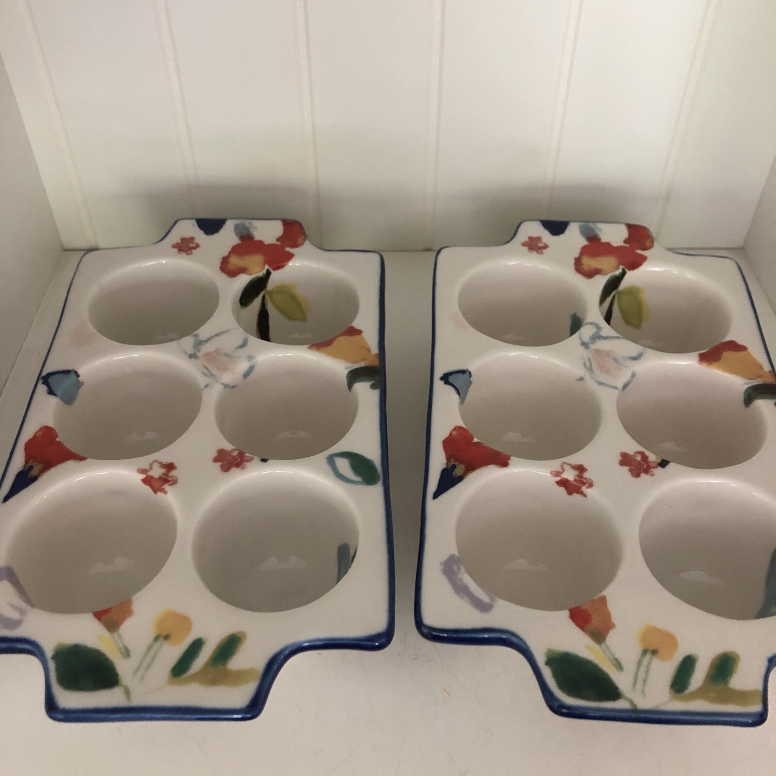 ANTHROPOLOGIE Luna Egg Crate Qty 2 Holder Hand painted Kitchen Storage Organizer