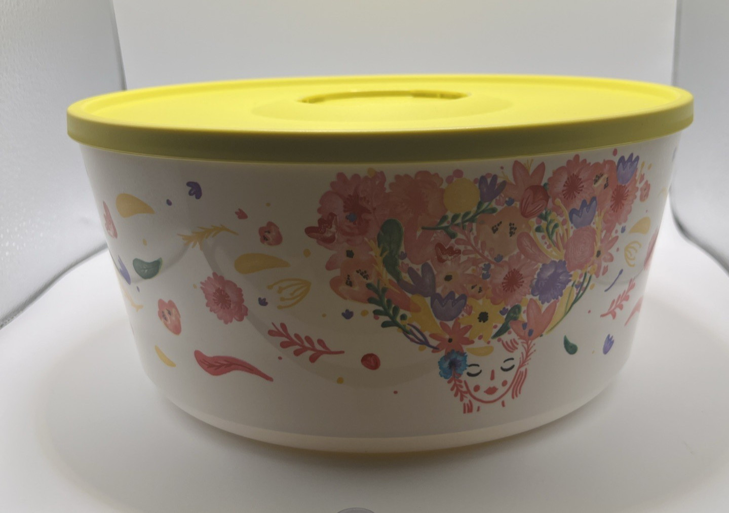 Tupperware Floral Woman Serving Bowl with Yellow Lid White Round Plastic Storage