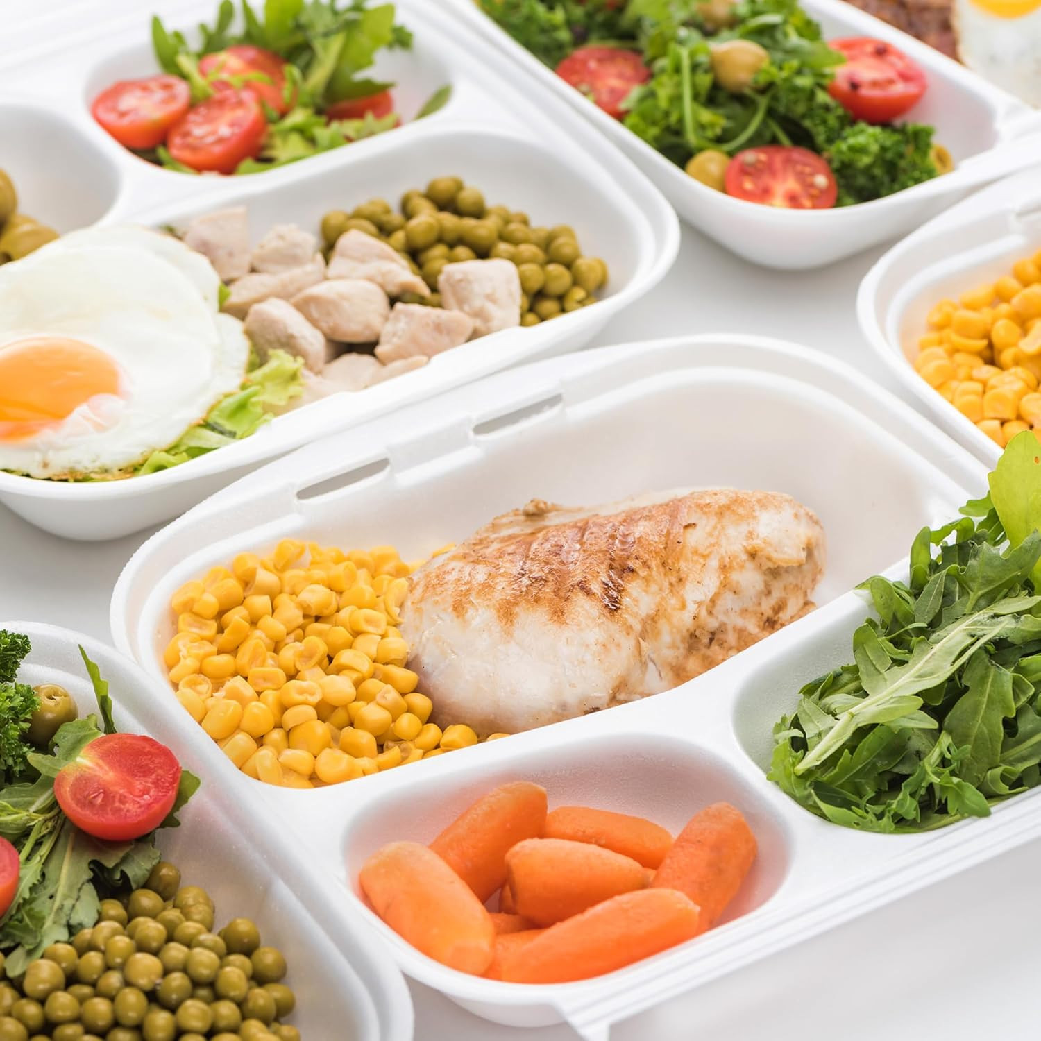 Clamshell Food Containers with Lids [8X8″] 3-Compartment 50-Pack