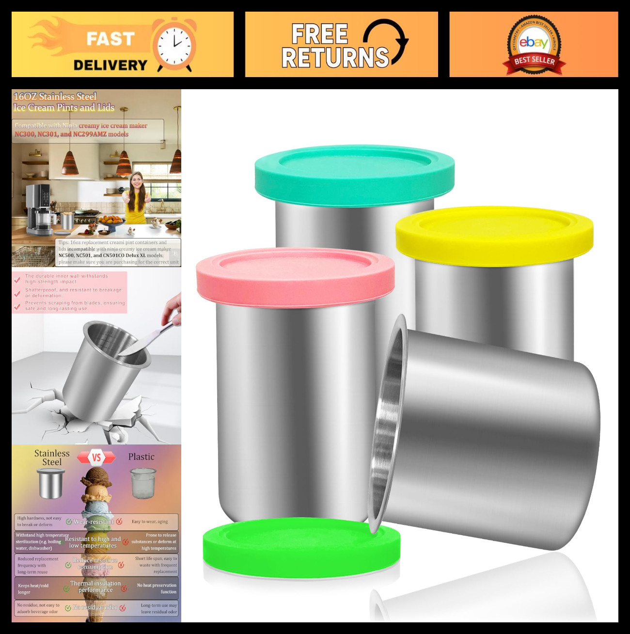4 Pack Stainless Steel Containers for Ninja Creami – 16oz Cups with Silicone Lid