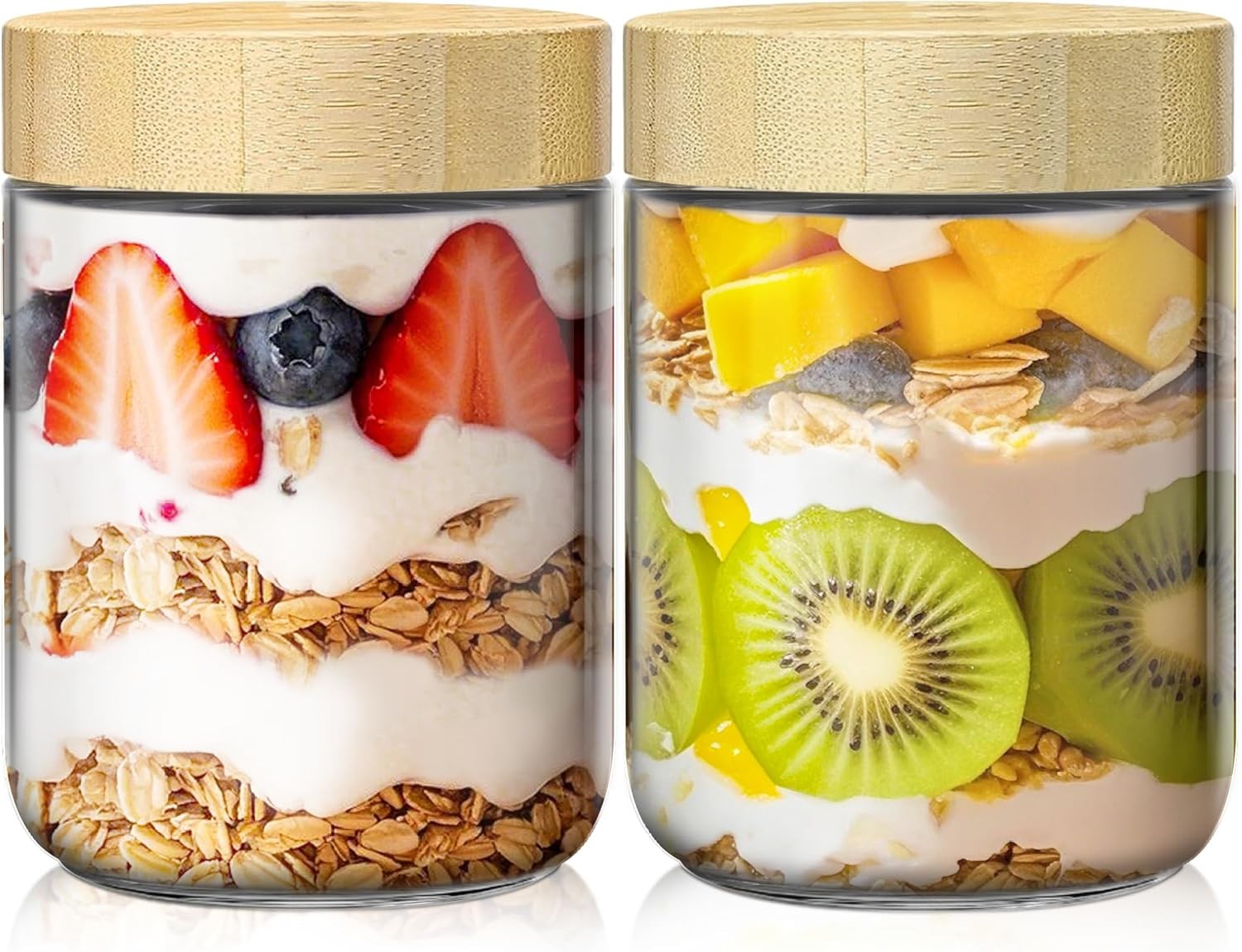 2 Pack 16oz Overnight Oats Containers with Bamboo Lids Glass Jars with Airtight