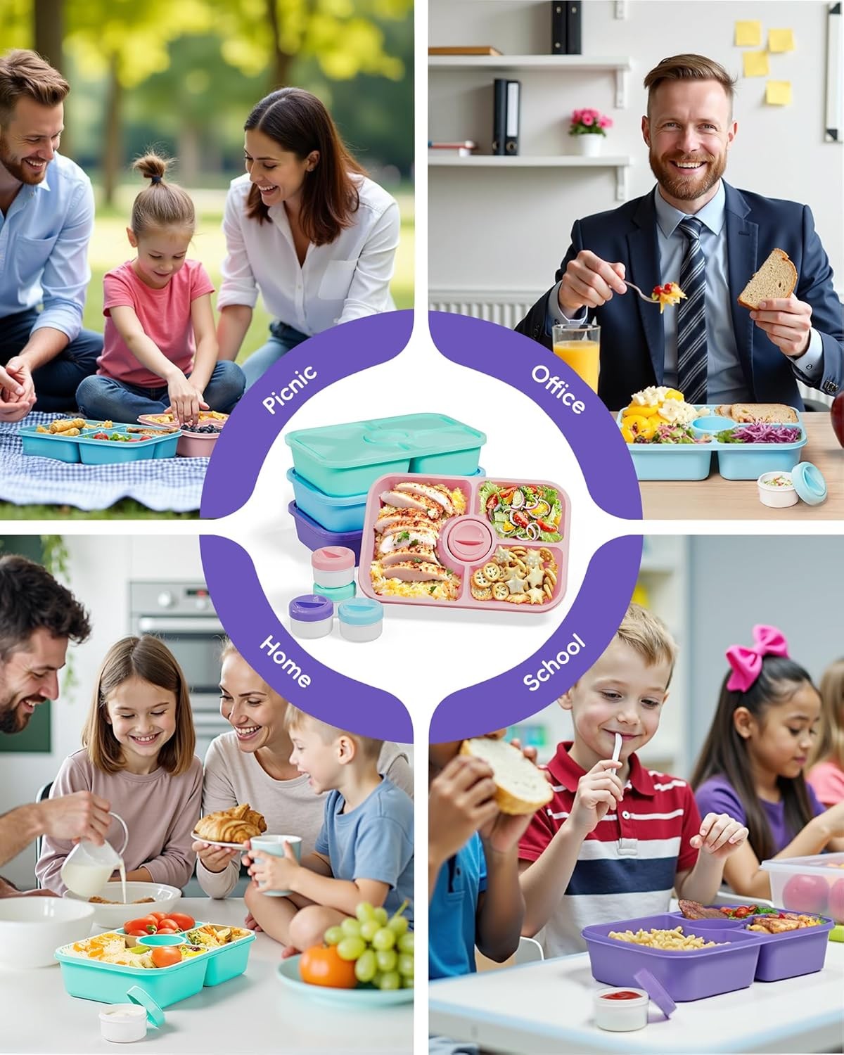 4 Pcs Bento Snack Box Containers 4 Compartment Divided Stackable Food Storage