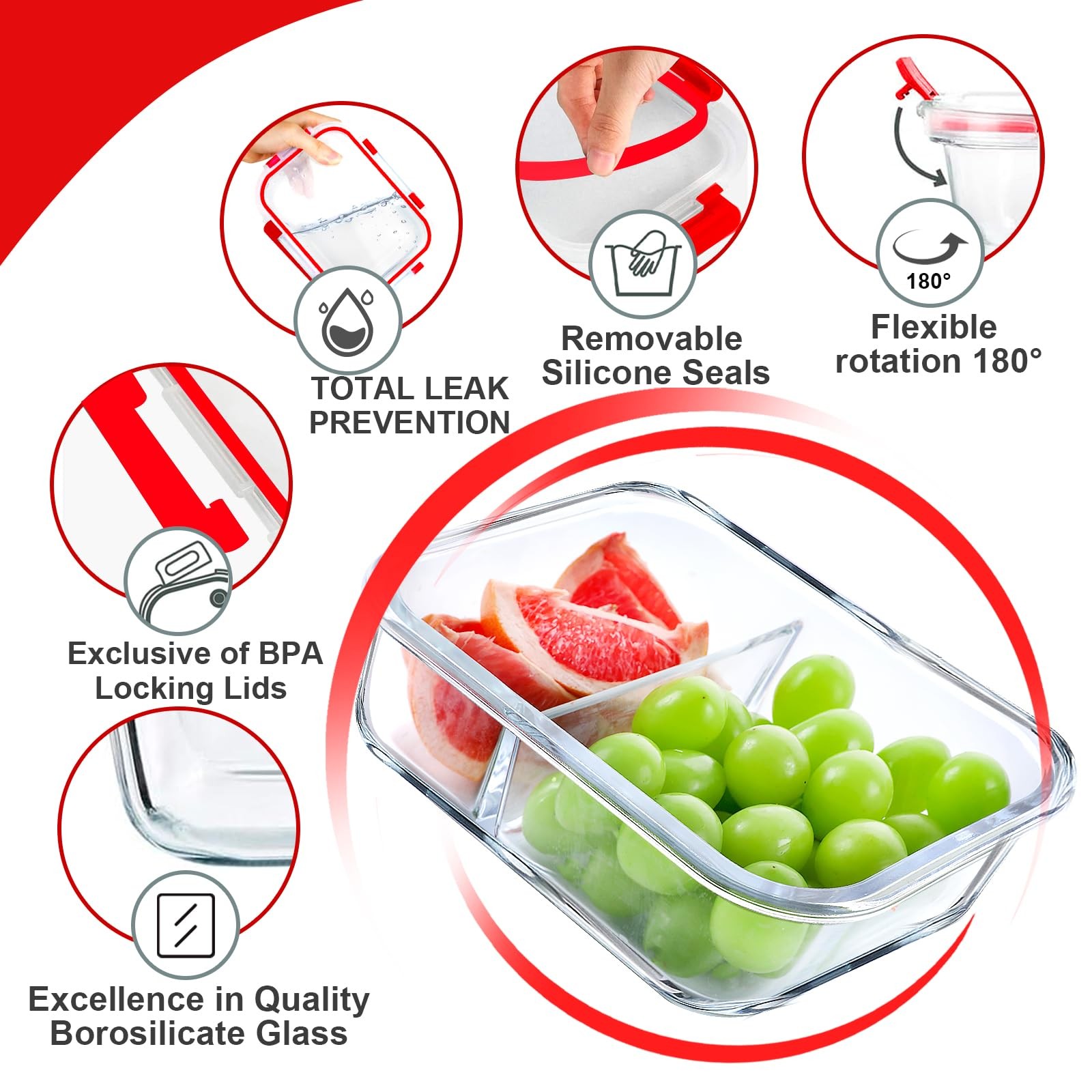 5 Pack Glass Meal Prep Containers 2 Compartment Set, 36OZ Airtight Glass Lunc…