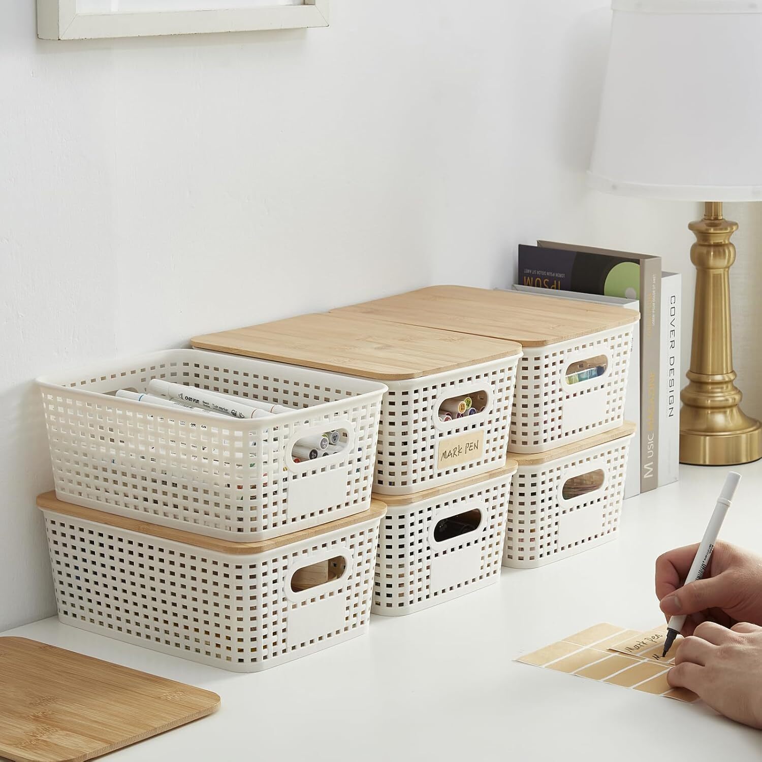 Small Plastic Storage Box with Bamboo Lid, Decorative Container for Food Pantry