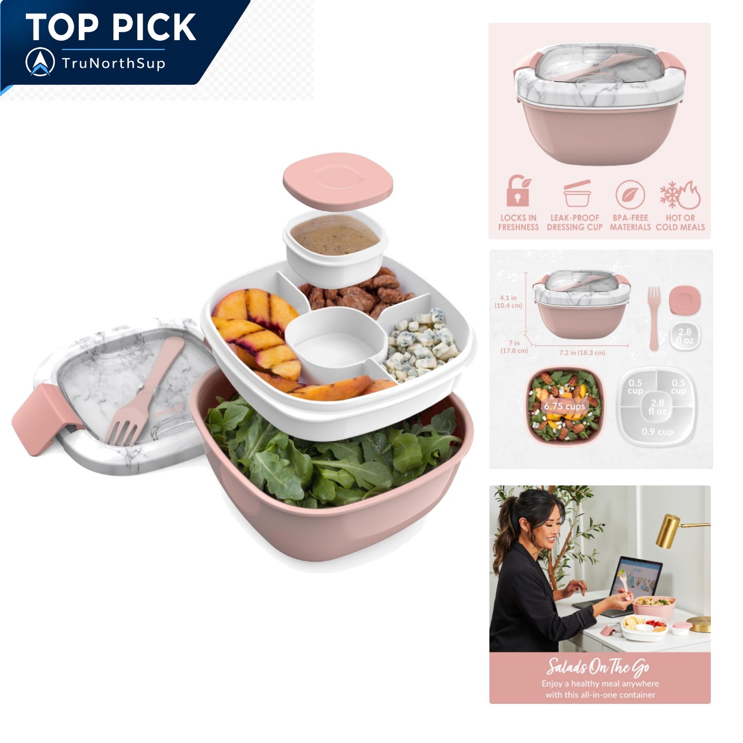 Salad Container with Toppings Tray 54 oz BPA Free Reusable Fork Dressing Dish