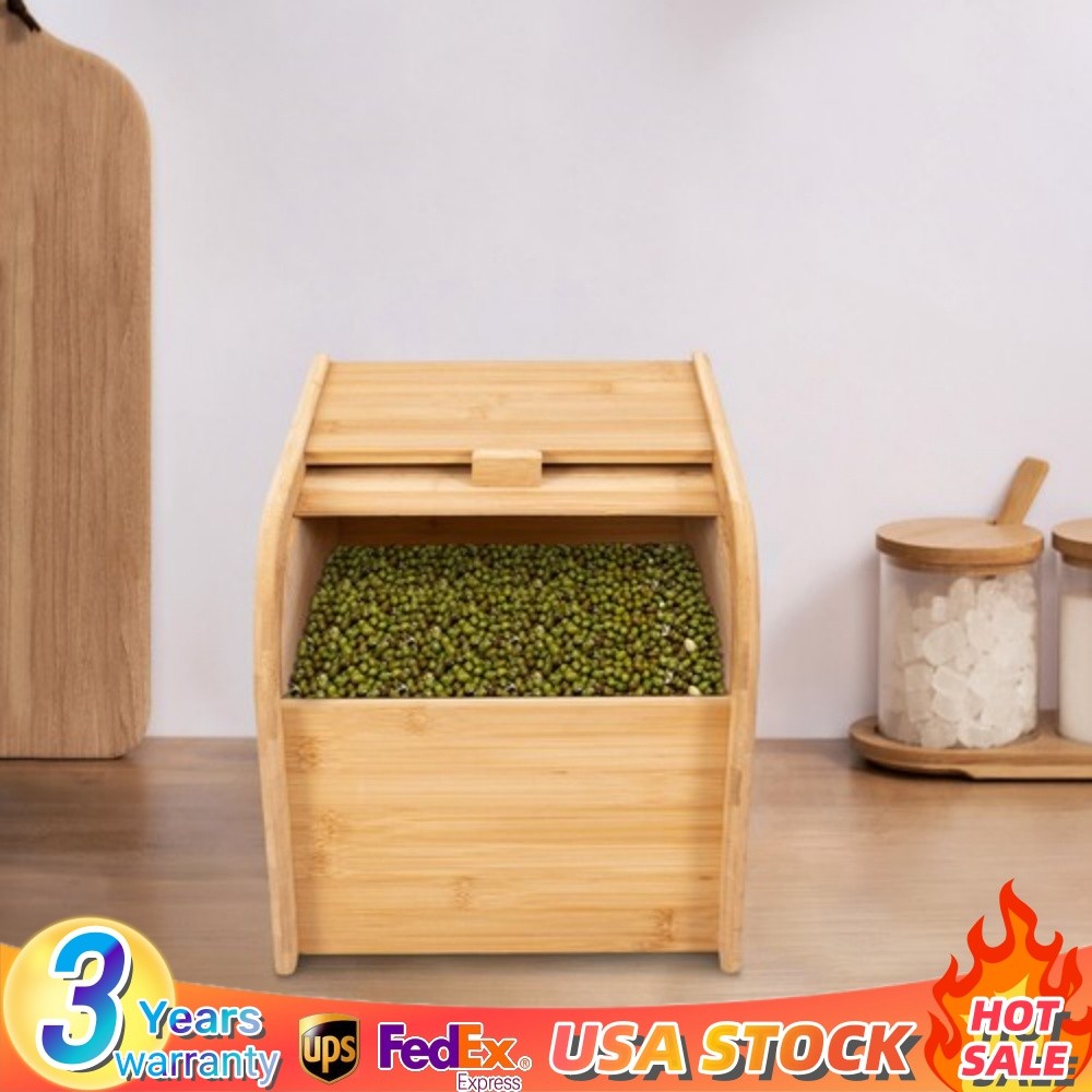 Bamboo Rice Storage Container With Lid Tabletop Store Receptacle With Rice Cup