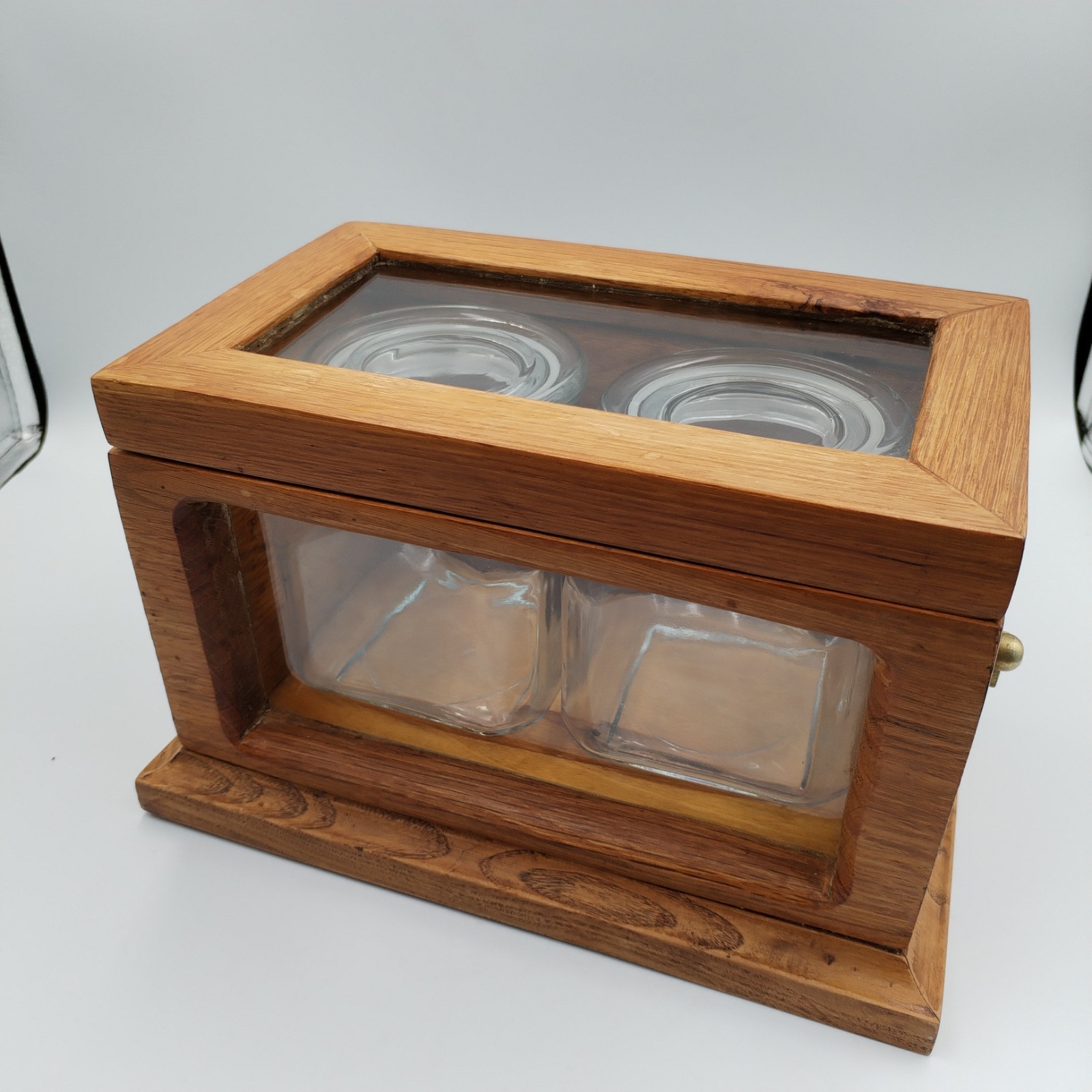 Vintage Wood Glass Display Caddy Box with 2 Clear Glass Canister Jars Retro