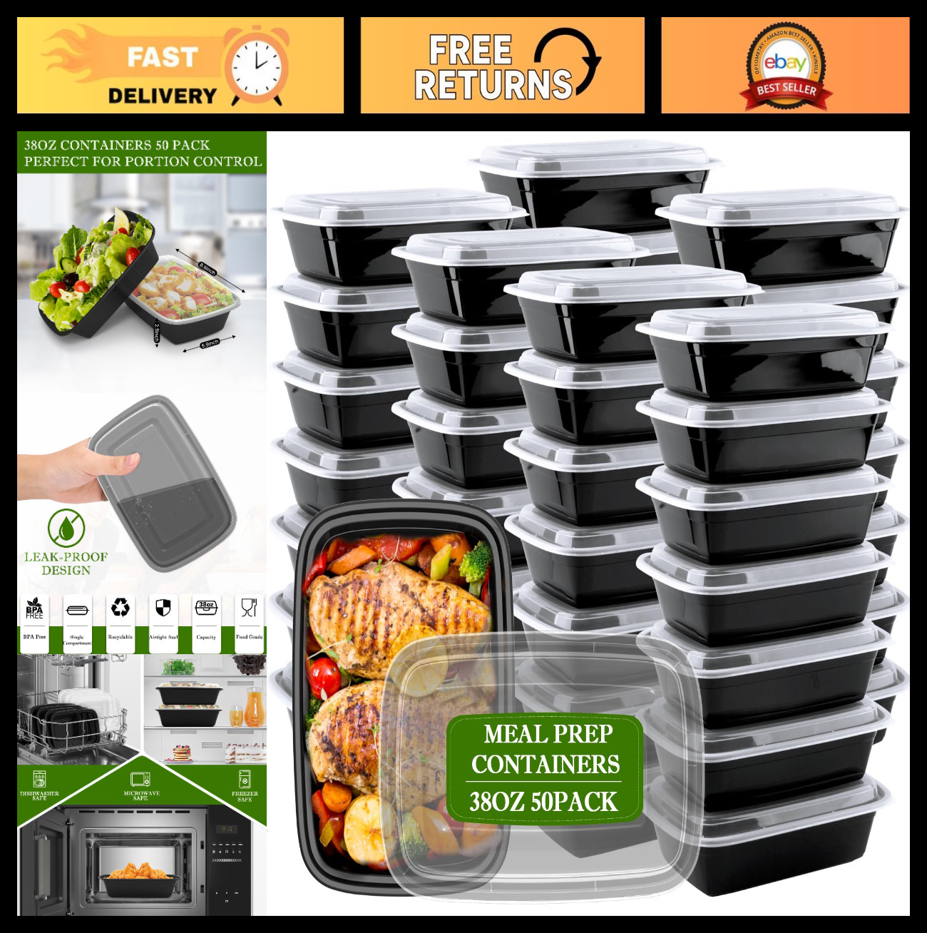 Reusable Meal Prep Containers 38oz, 50 Pack – Leakproof, Stackable, BPA-Free, Mi