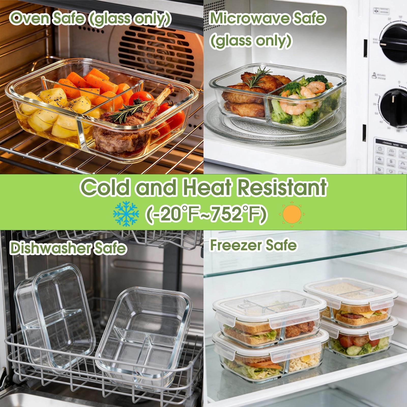 4-Pack Glass Food Containers w/ Dividers – Leak-Proof, Microwave/Oven Safe