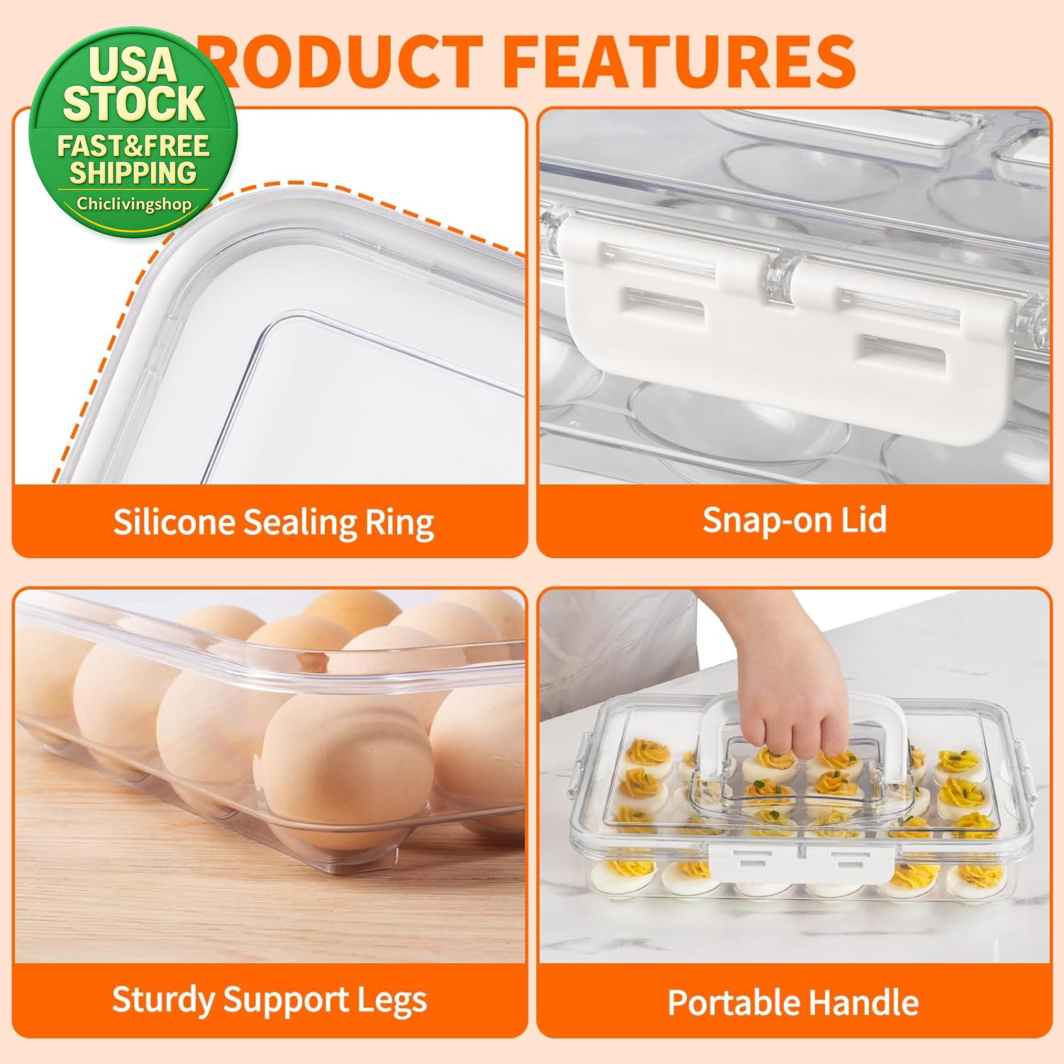2 Pack Deviled Egg Carrier Tray with Lid Handle Clear Storage Holds 48 Eggs