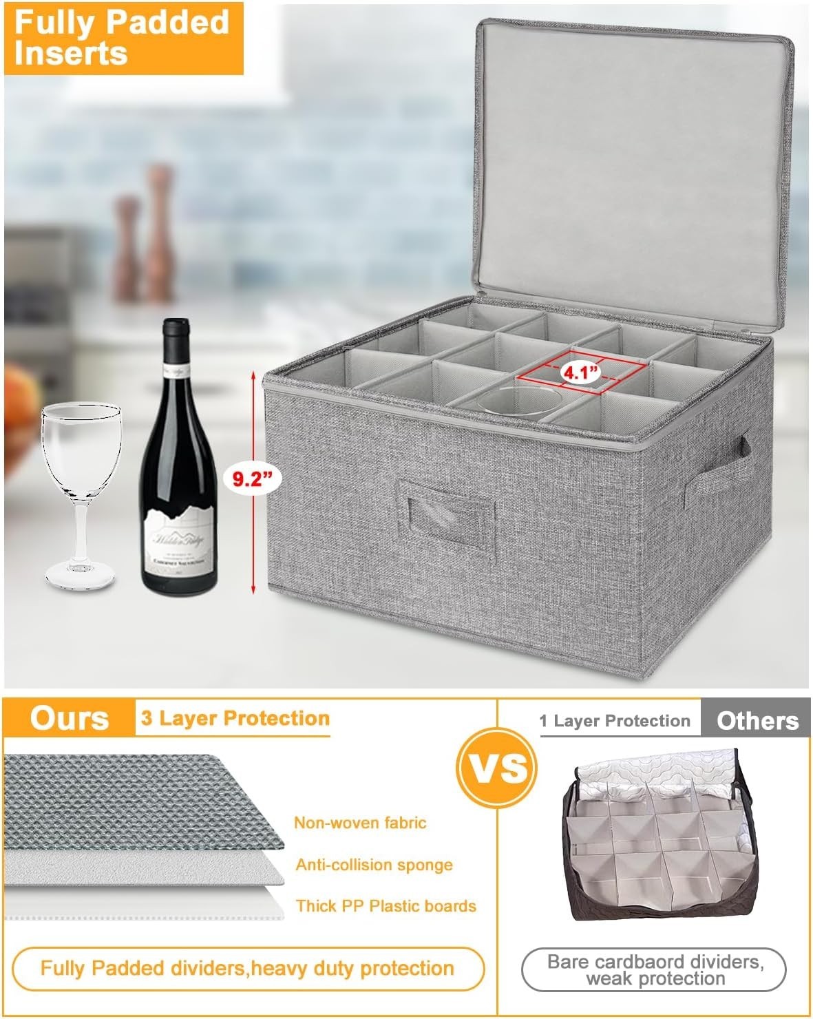 Wine Glass Storage Box, Glassware Storage Containers w/Hard Shell Side Bottom…