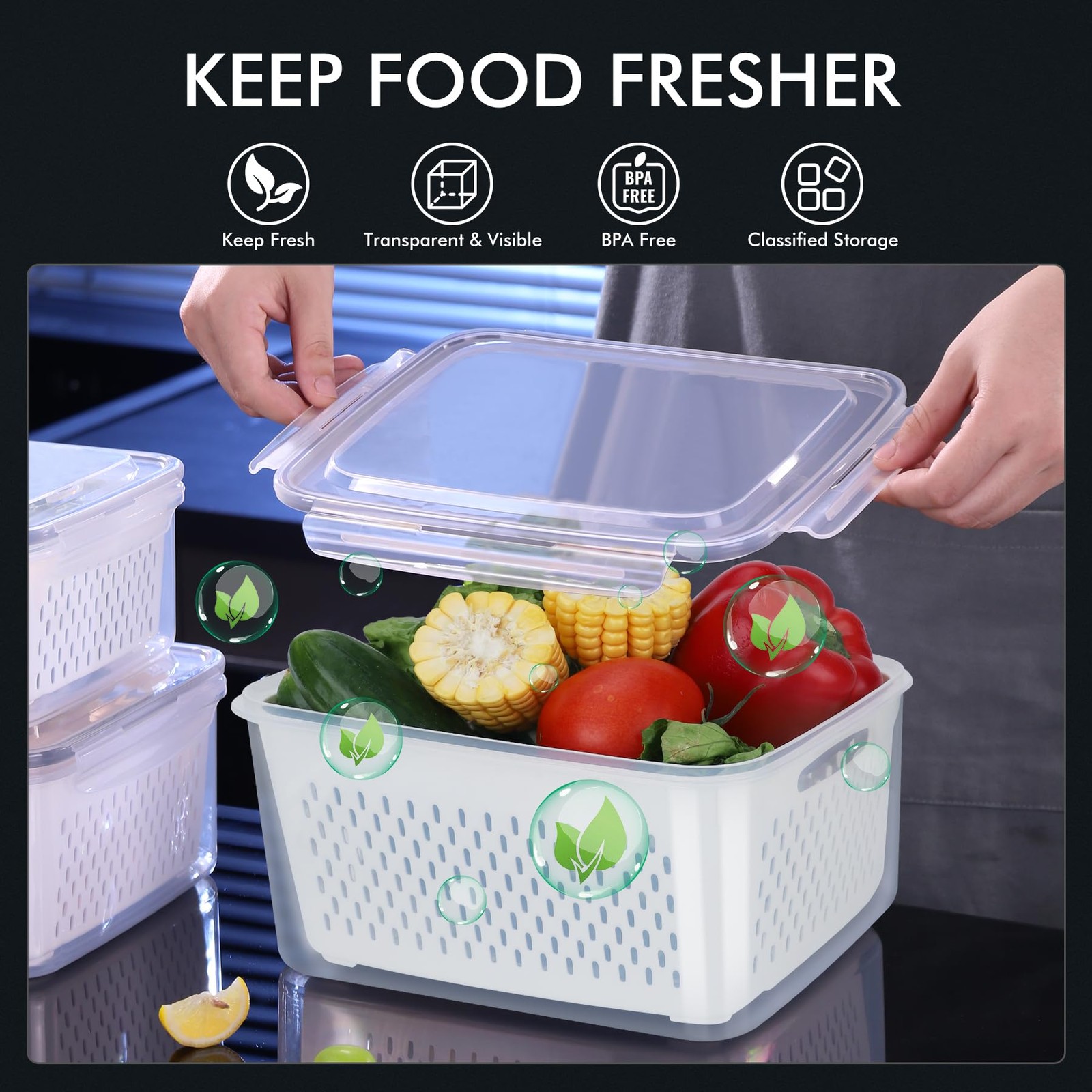 5Pack Large Fruit Storage Container for Fridge Leak proof with Removable Cola…
